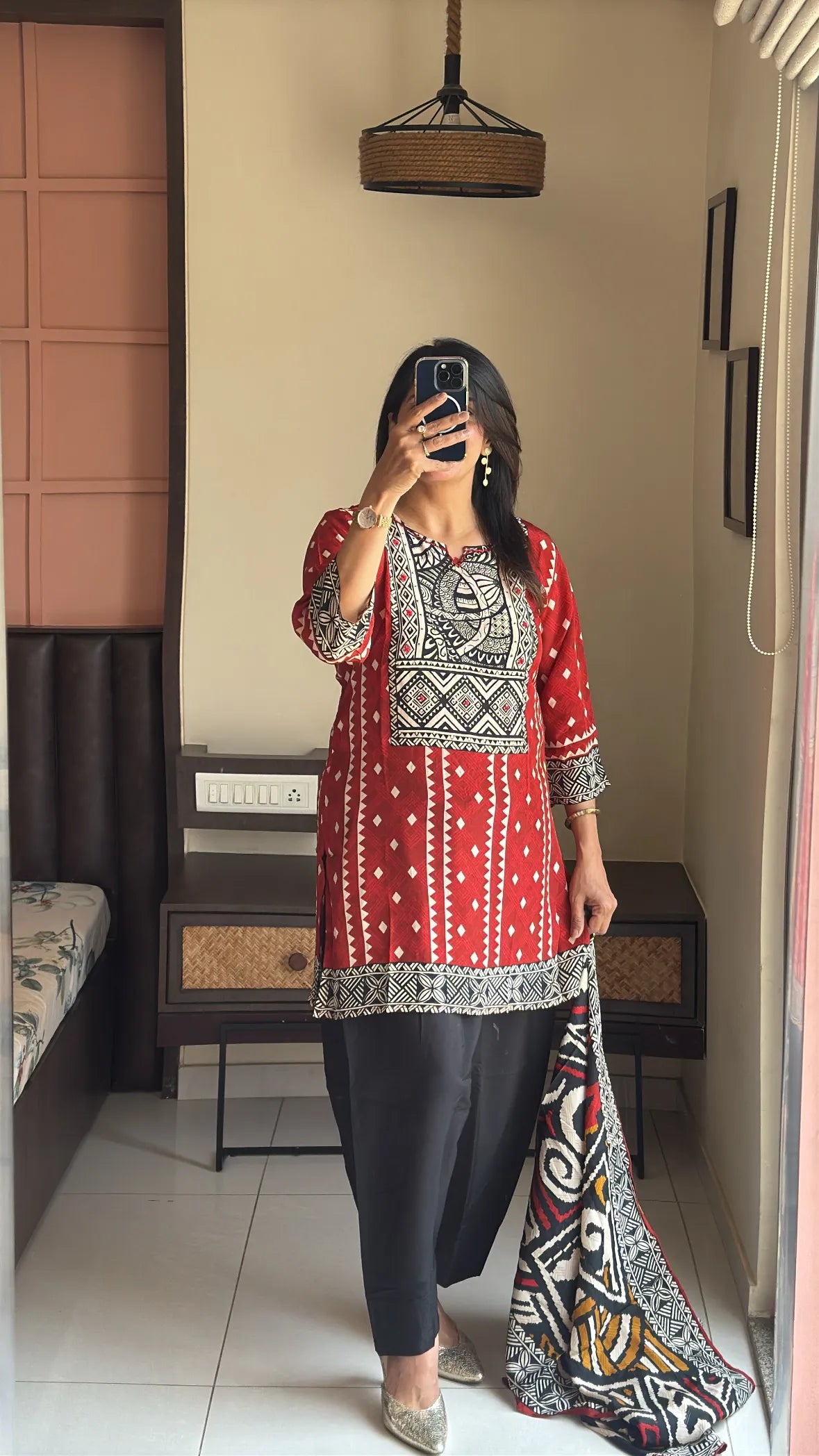 Red & Black Short Kurti with Farsi Salwar & Dupatta | Ajrakh Print, Sequin & Mirror Work