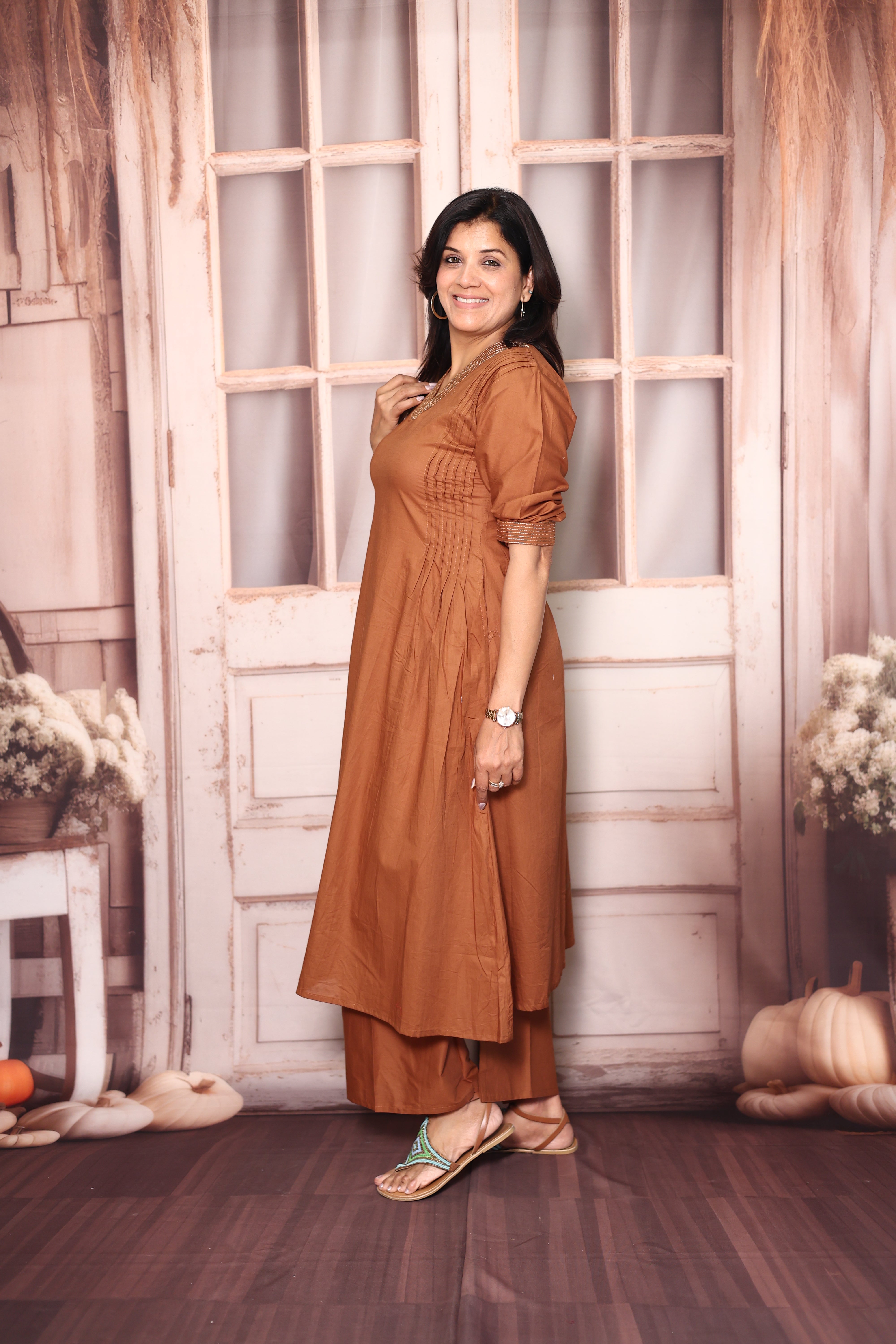 Dull Rust Solid A-Line Kurti Palazzo Set | Soft Cotton Everyday Ethnic Wear