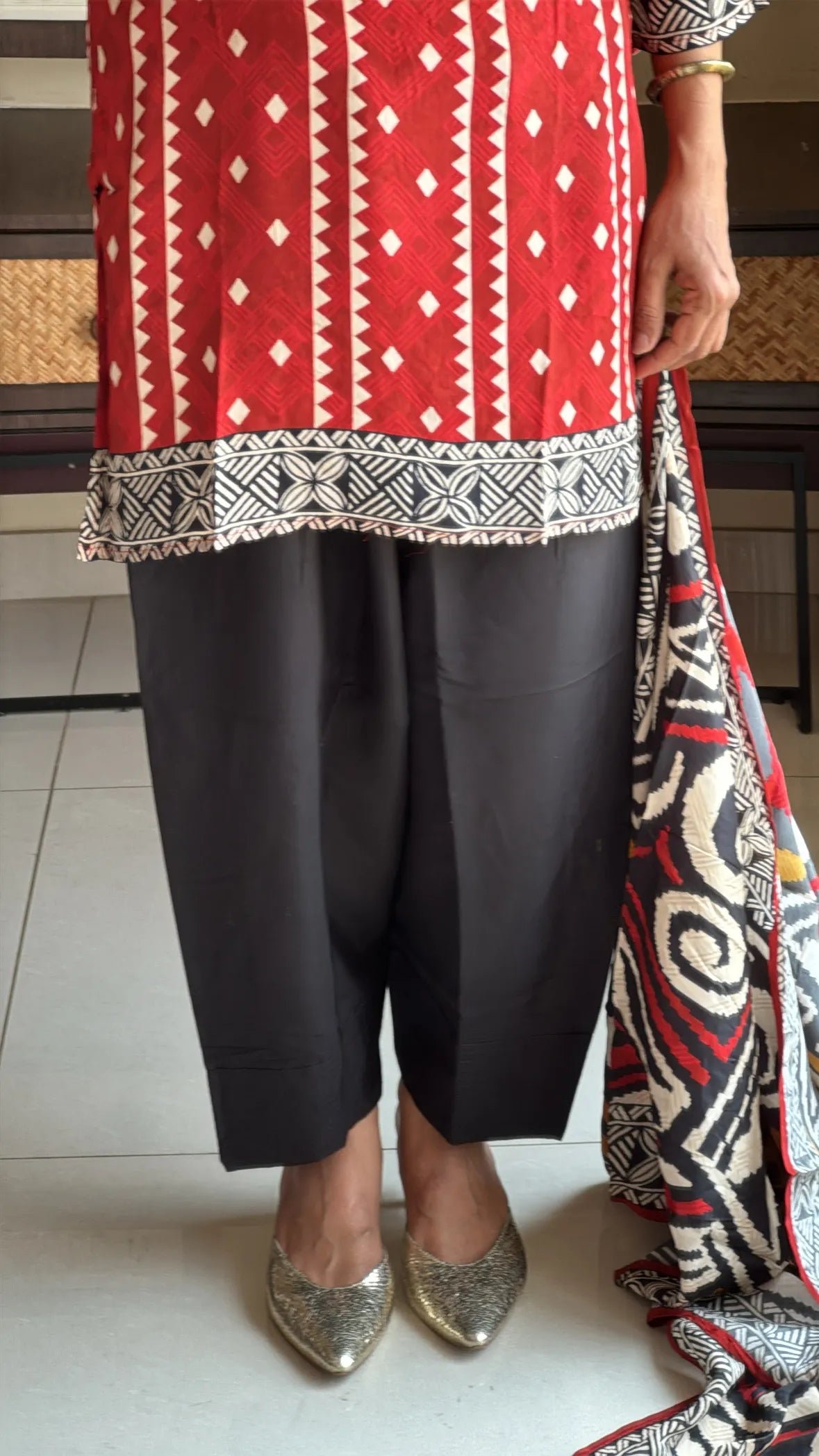 Red & Black Short Kurti with Farsi Salwar & Dupatta | Ajrakh Print, Sequin & Mirror Work