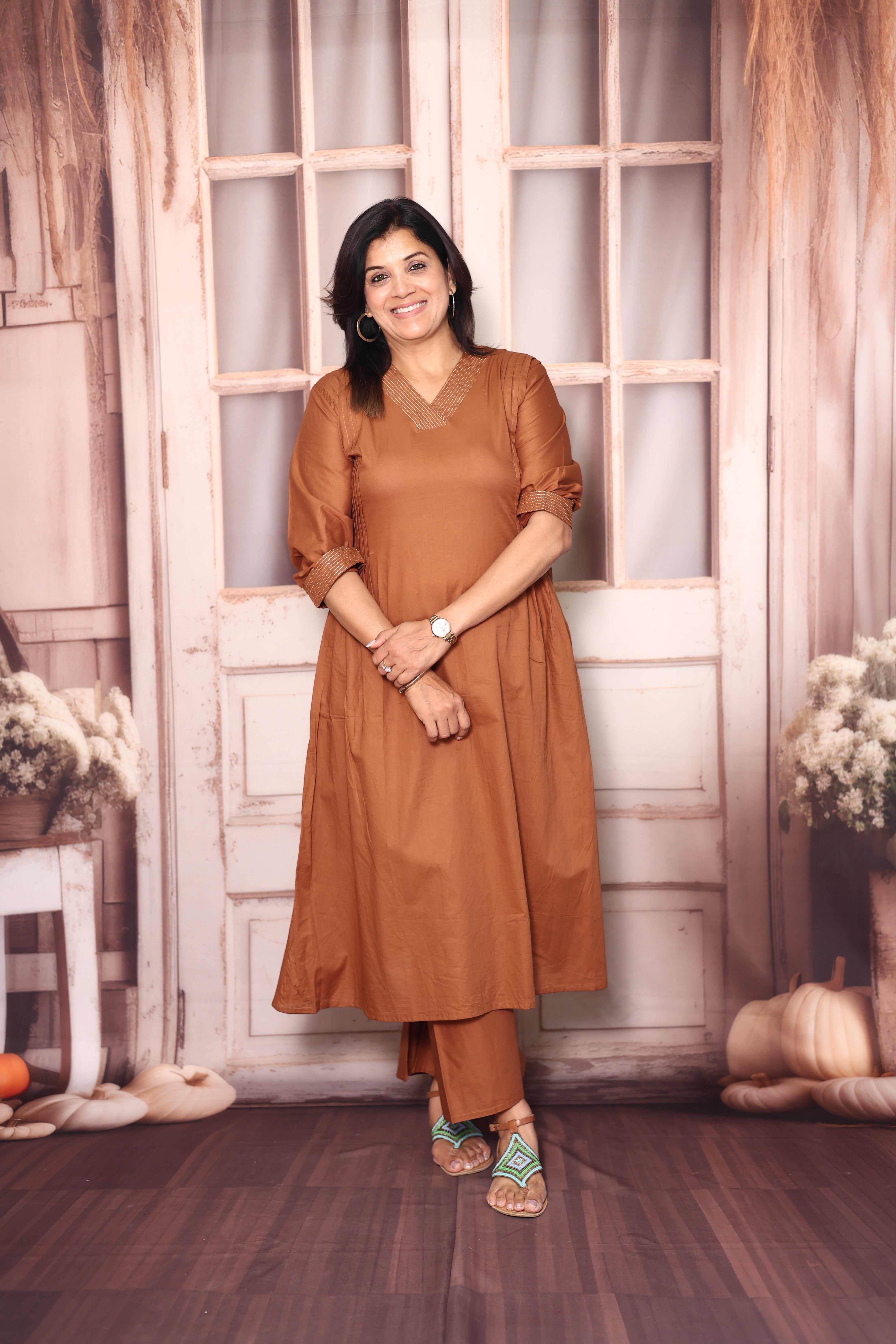 Dull Rust Solid A-Line Kurti Palazzo Set | Soft Cotton Everyday Ethnic Wear