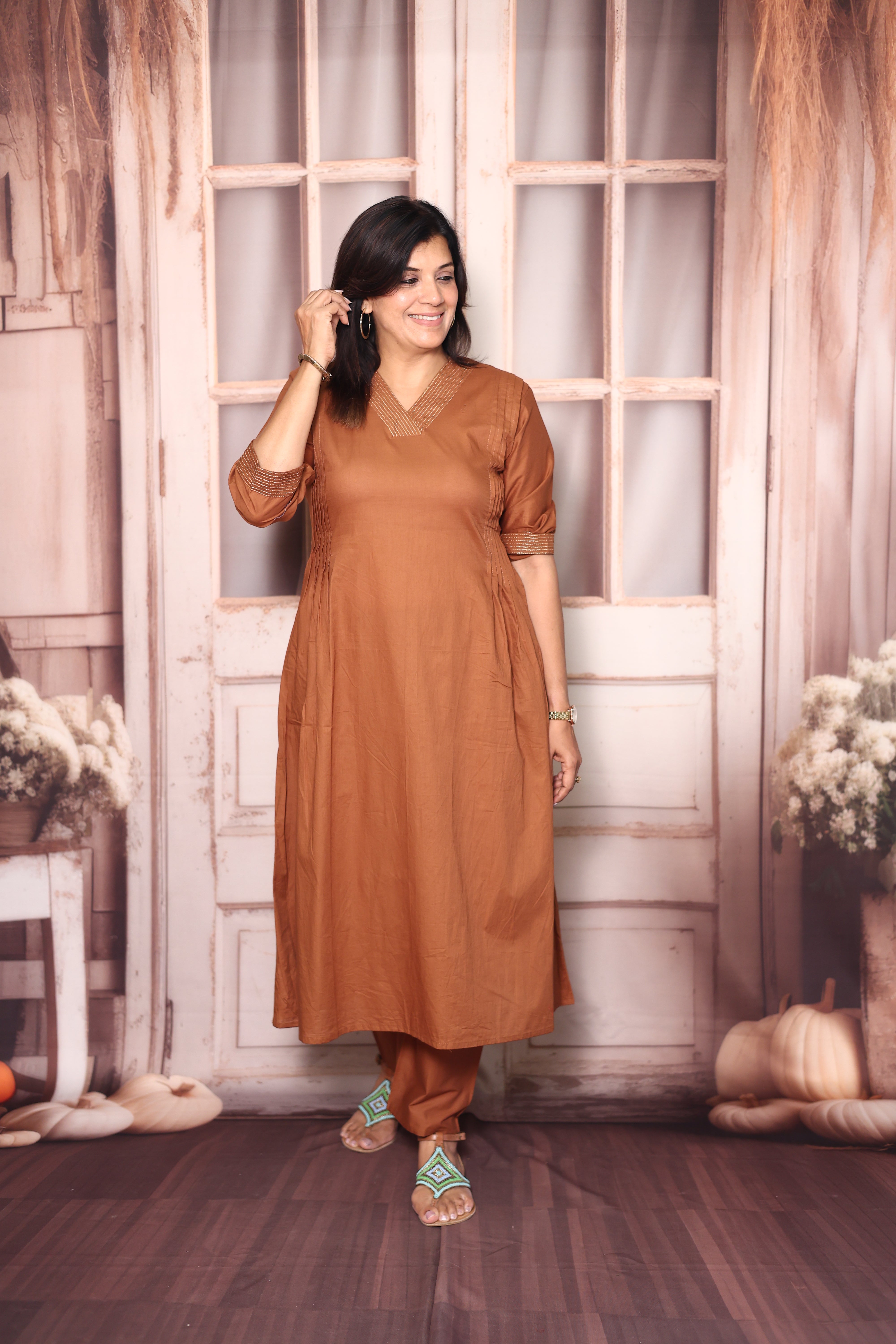 Dull Rust Solid A-Line Kurti Palazzo Set | Soft Cotton Everyday Ethnic Wear