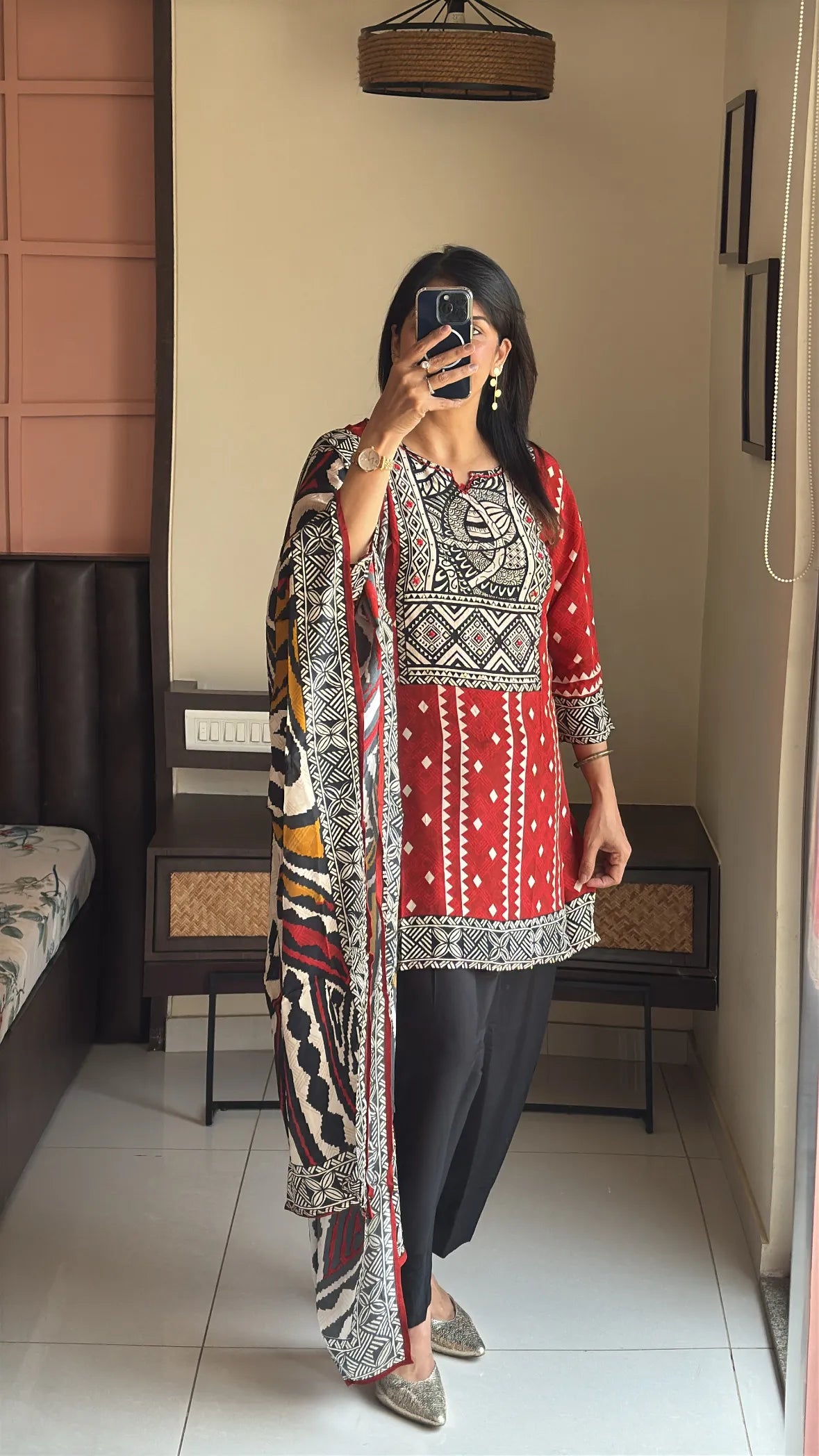 Red & Black Short Kurti with Farsi Salwar & Dupatta | Ajrakh Print, Sequin & Mirror Work