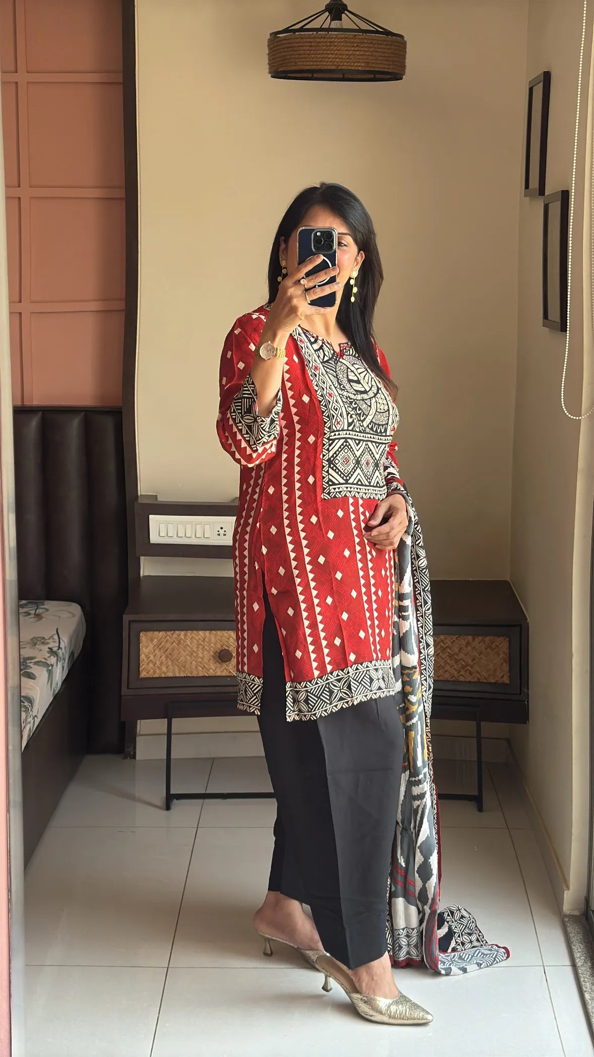 Red & Black Short Kurti with Farsi Salwar & Dupatta | Ajrakh Print, Sequin & Mirror Work