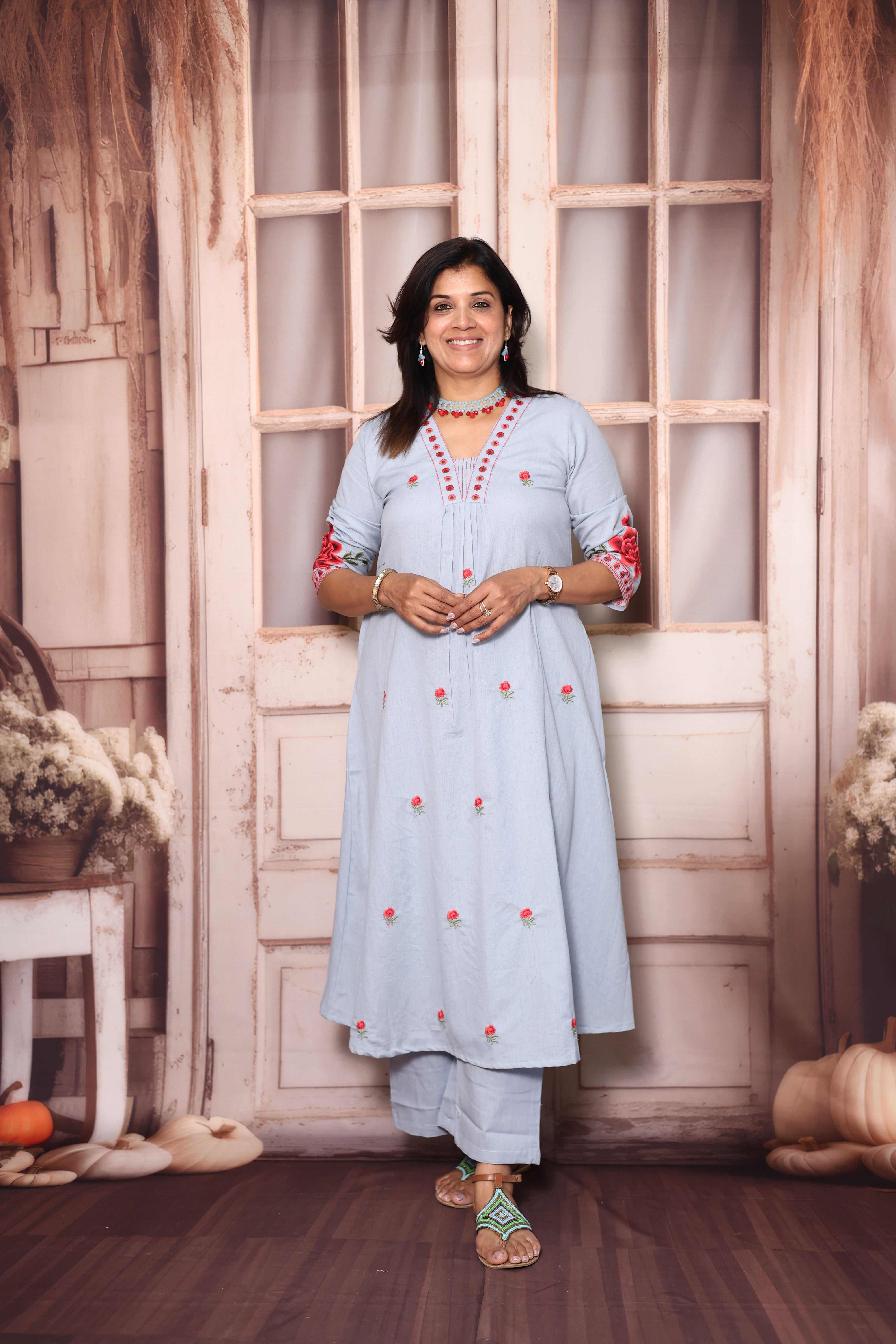 Uranian Blue Floral Embroidered A-Line Kurti Palazzo Set | Elegant Cotton Ethnic Wear