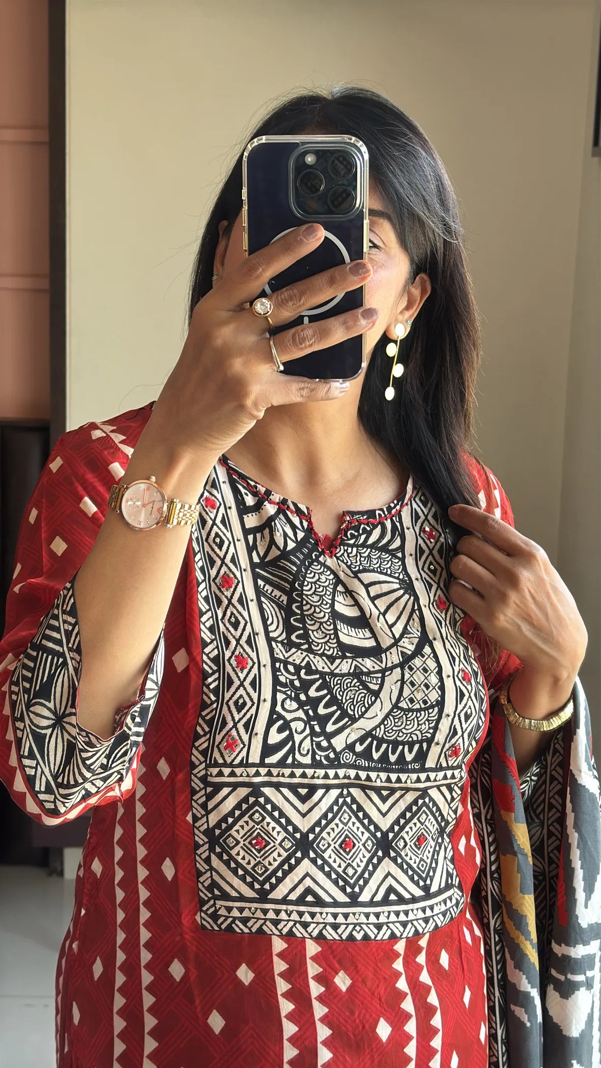 Red & Black Short Kurti with Farsi Salwar & Dupatta | Ajrakh Print, Sequin & Mirror Work