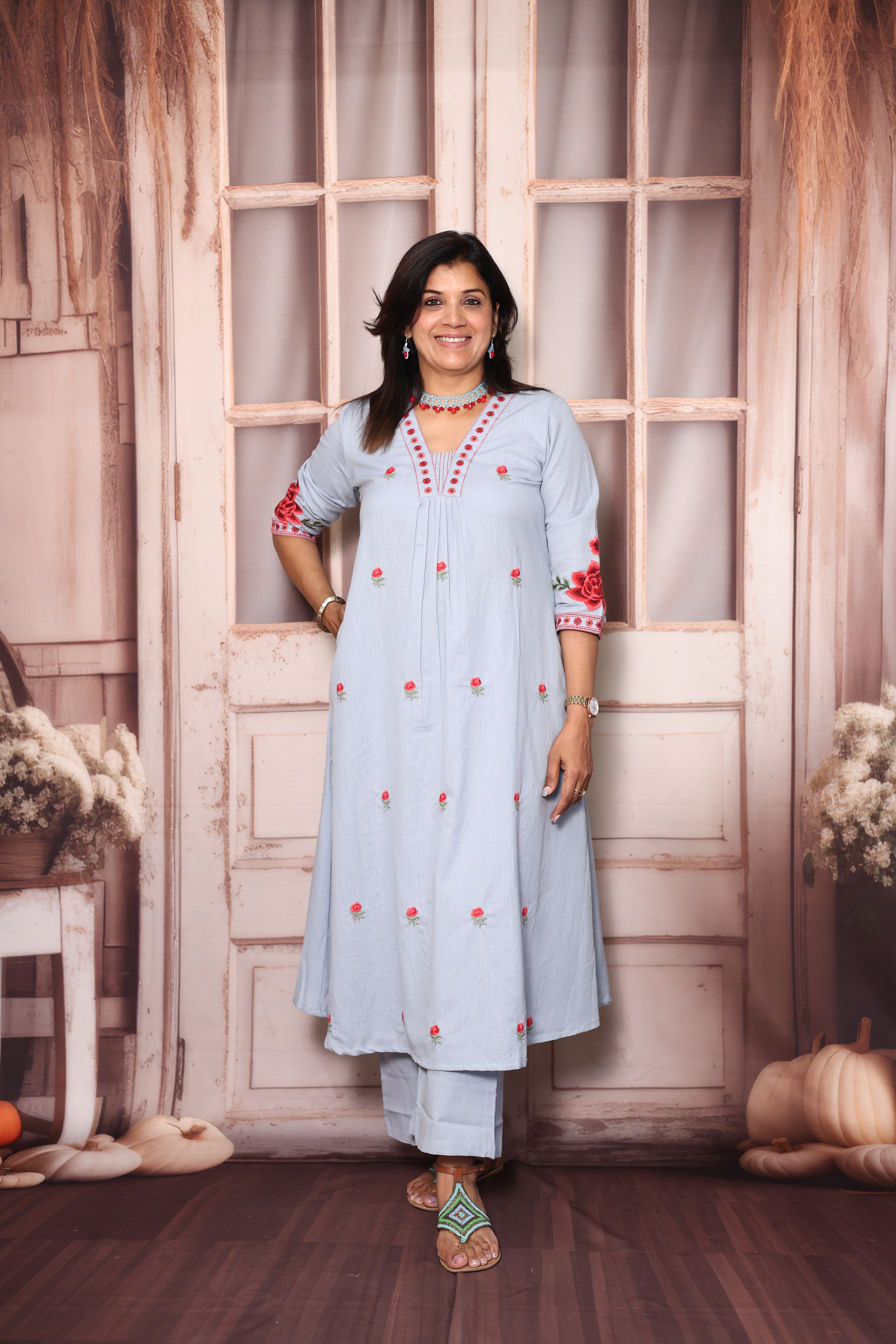 Uranian Blue Floral Embroidered A-Line Kurti Palazzo Set | Elegant Cotton Ethnic Wear