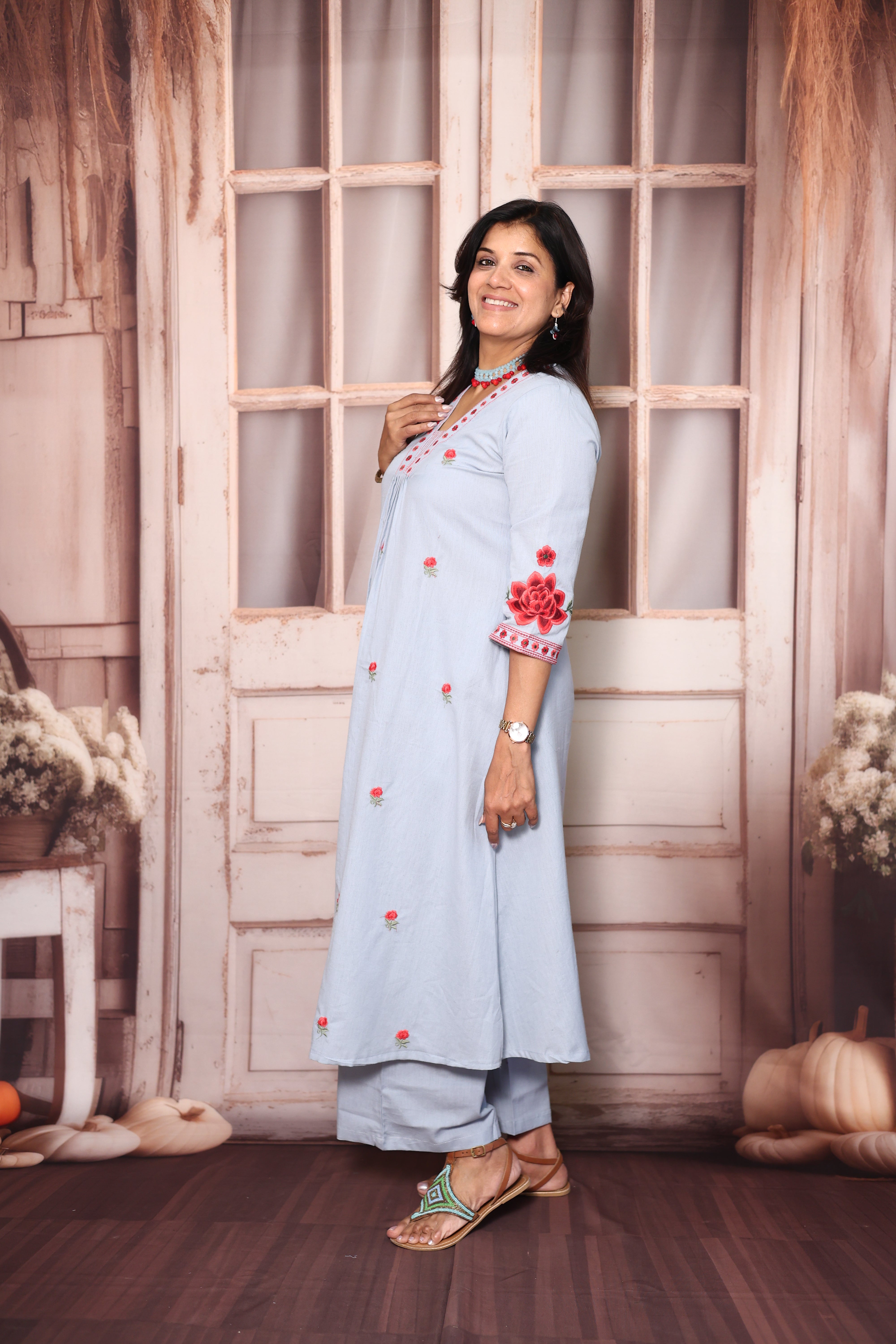 Uranian Blue Floral Embroidered A-Line Kurti Palazzo Set | Elegant Cotton Ethnic Wear