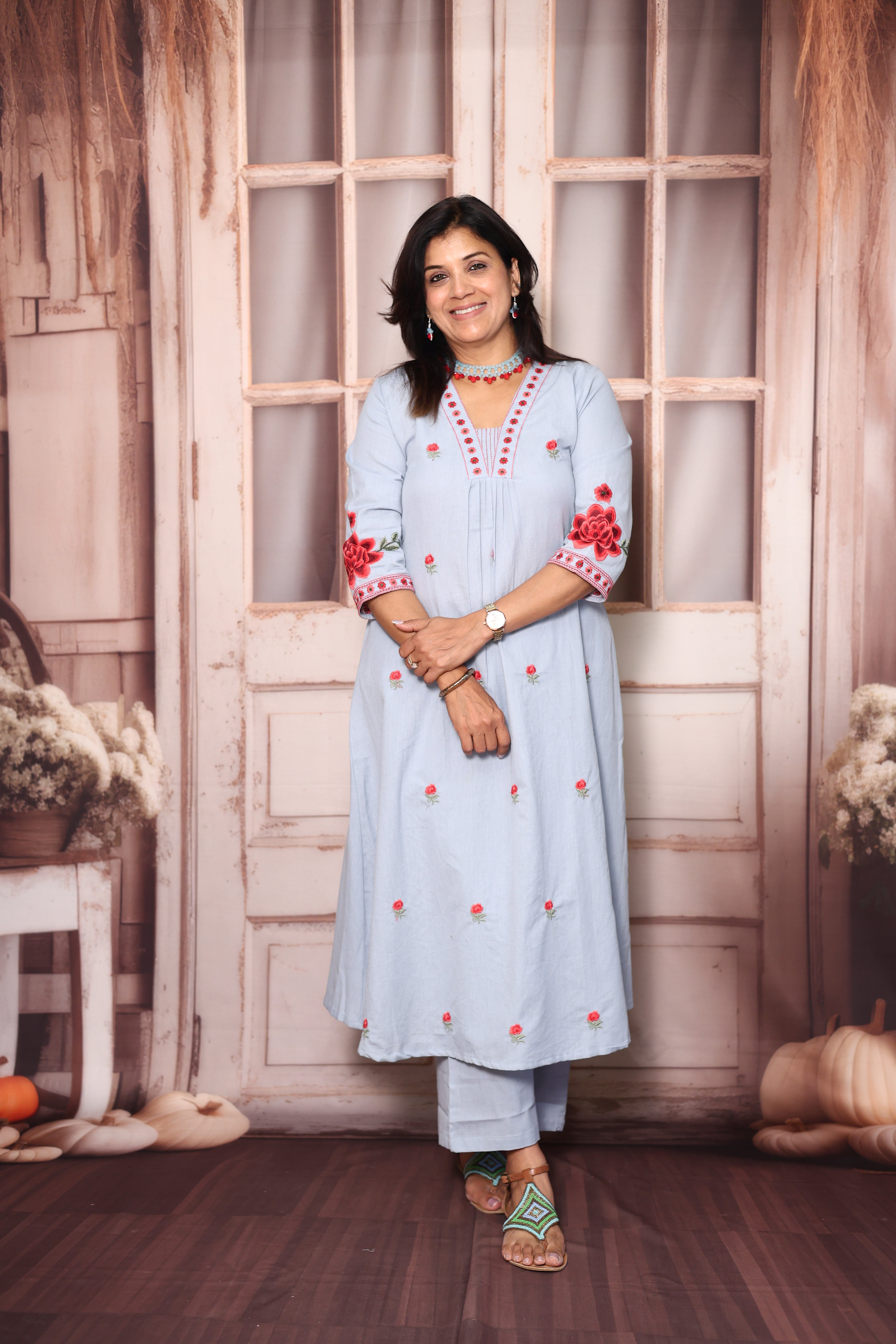 Uranian Blue Floral Embroidered A-Line Kurti Palazzo Set | Elegant Cotton Ethnic Wear
