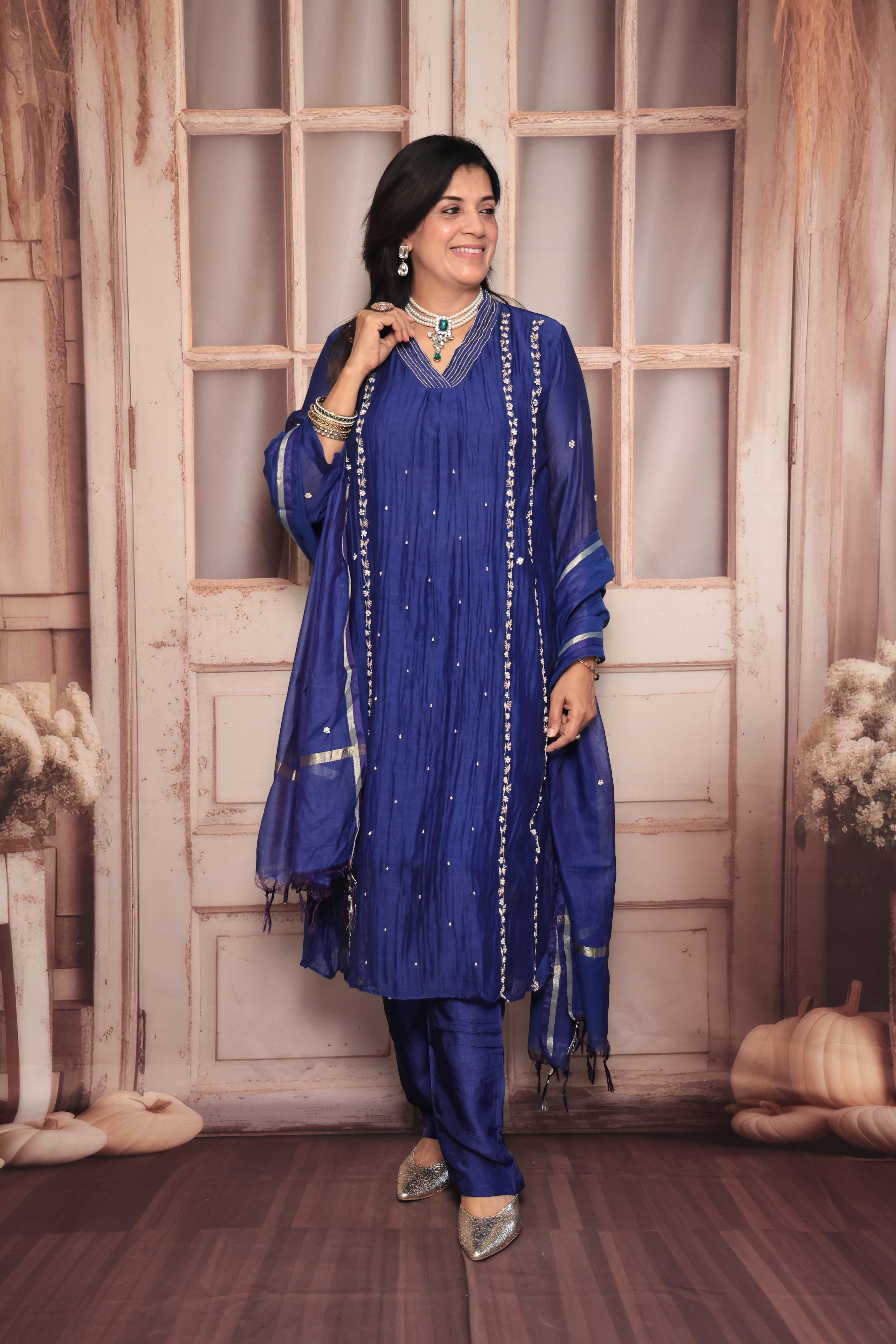 Royal Blue A-Line Embroidered Kurta Pant Dupatta Set | Pearl & Sequin Work | Pure Banarasi Mul Chanderi