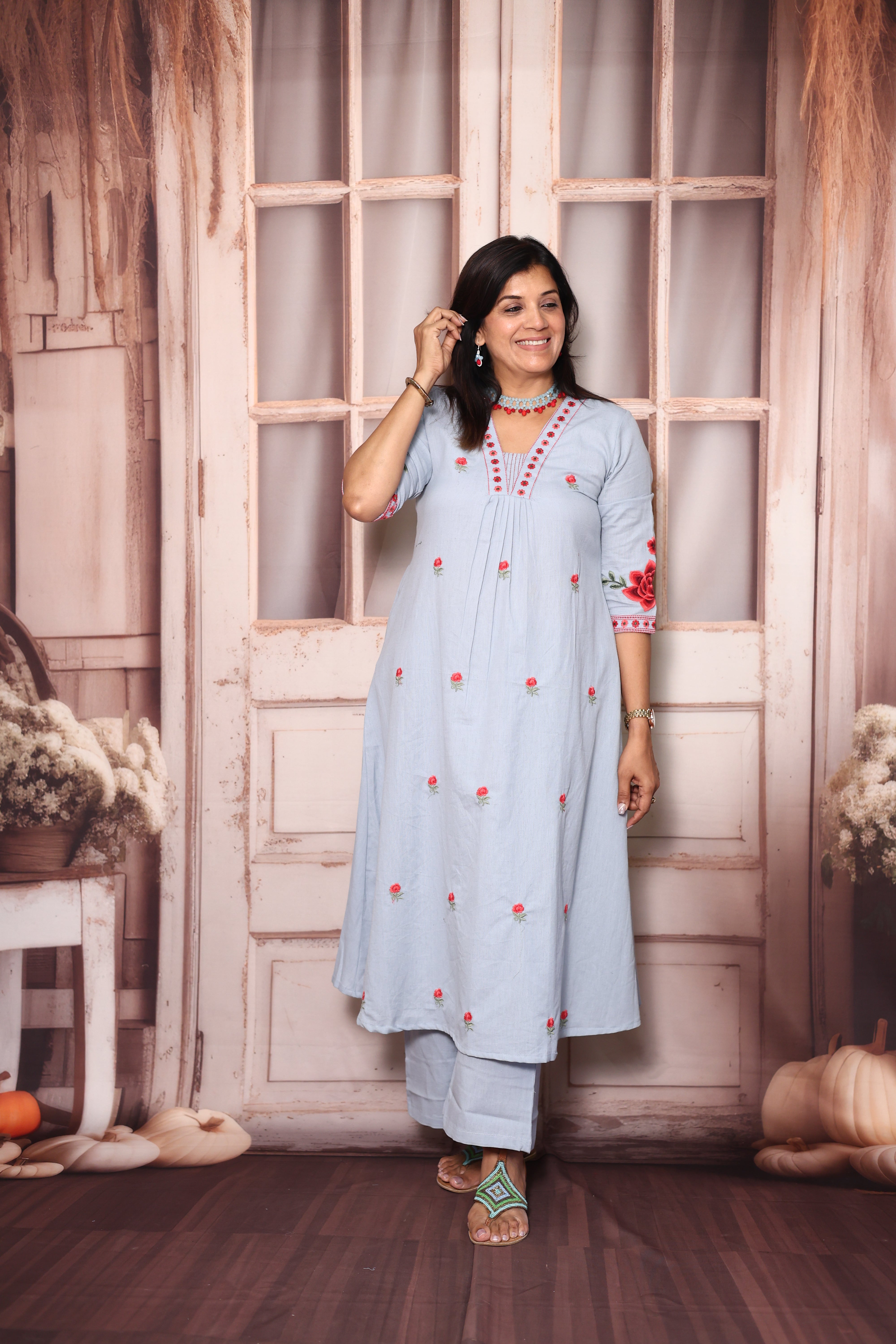 Uranian Blue Floral Embroidered A-Line Kurti Palazzo Set | Elegant Cotton Ethnic Wear