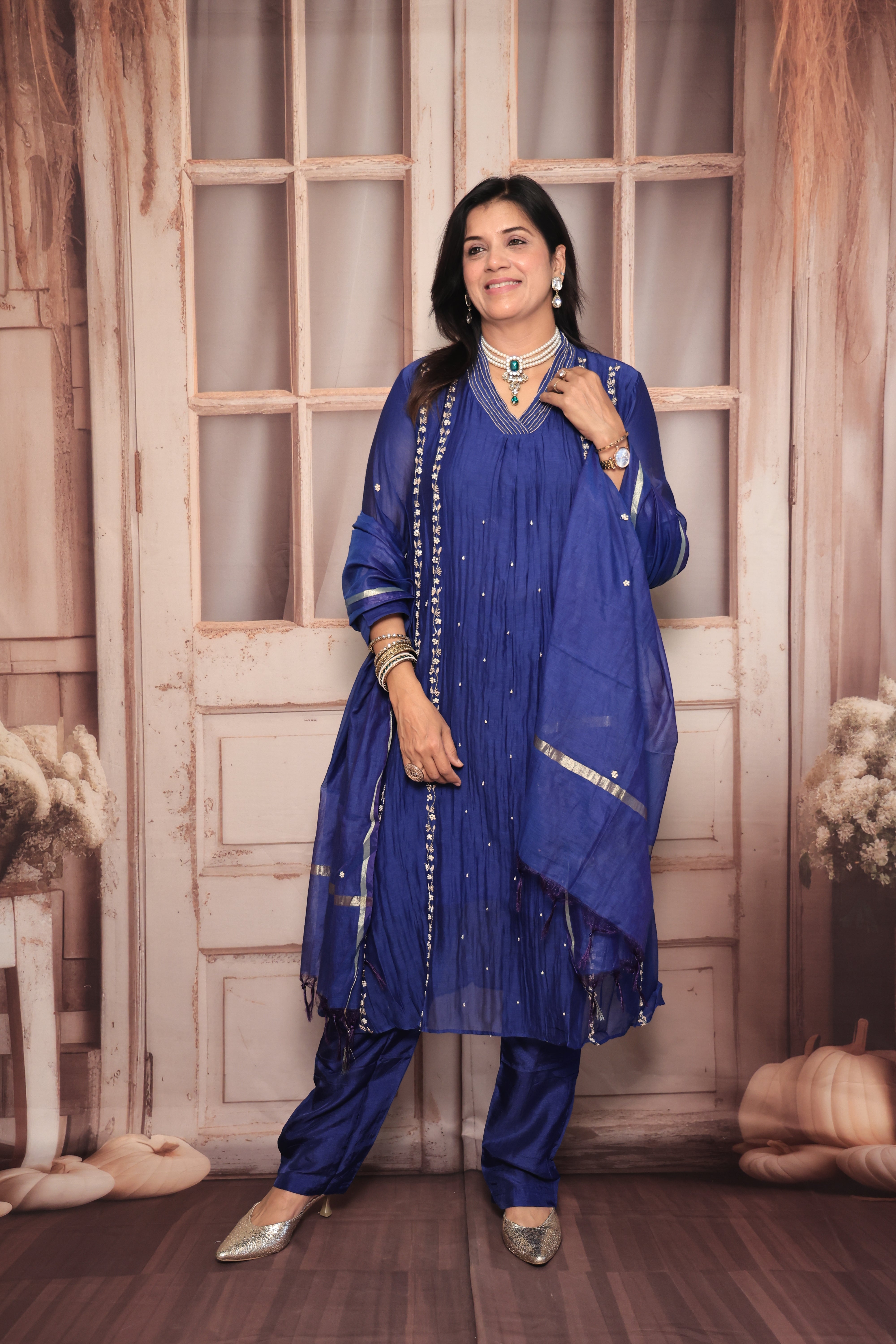 Royal Blue A-Line Embroidered Kurta Pant Dupatta Set | Pearl & Sequin Work | Pure Banarasi Mul Chanderi
