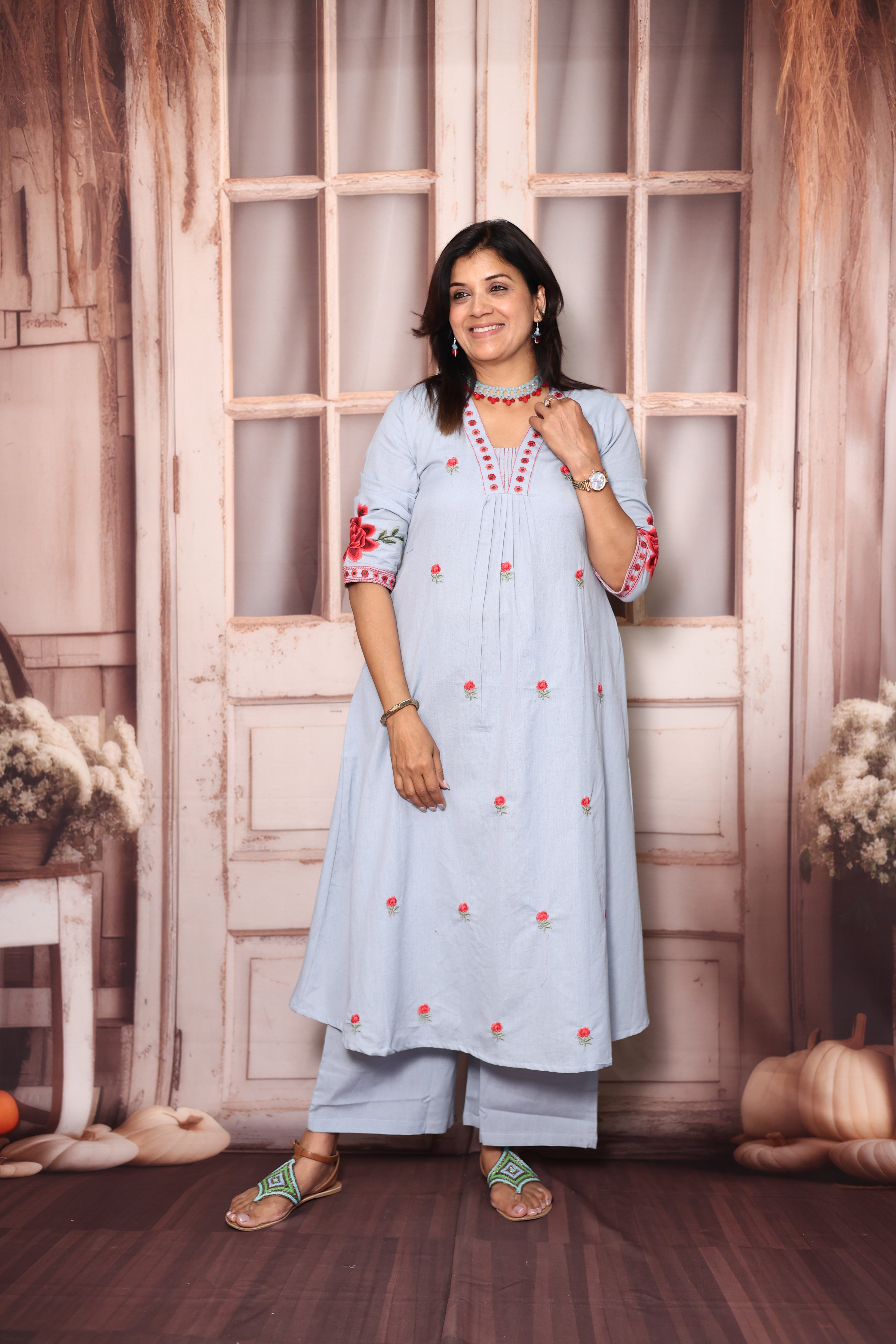 Uranian Blue Floral Embroidered A-Line Kurti Palazzo Set | Elegant Cotton Ethnic Wear