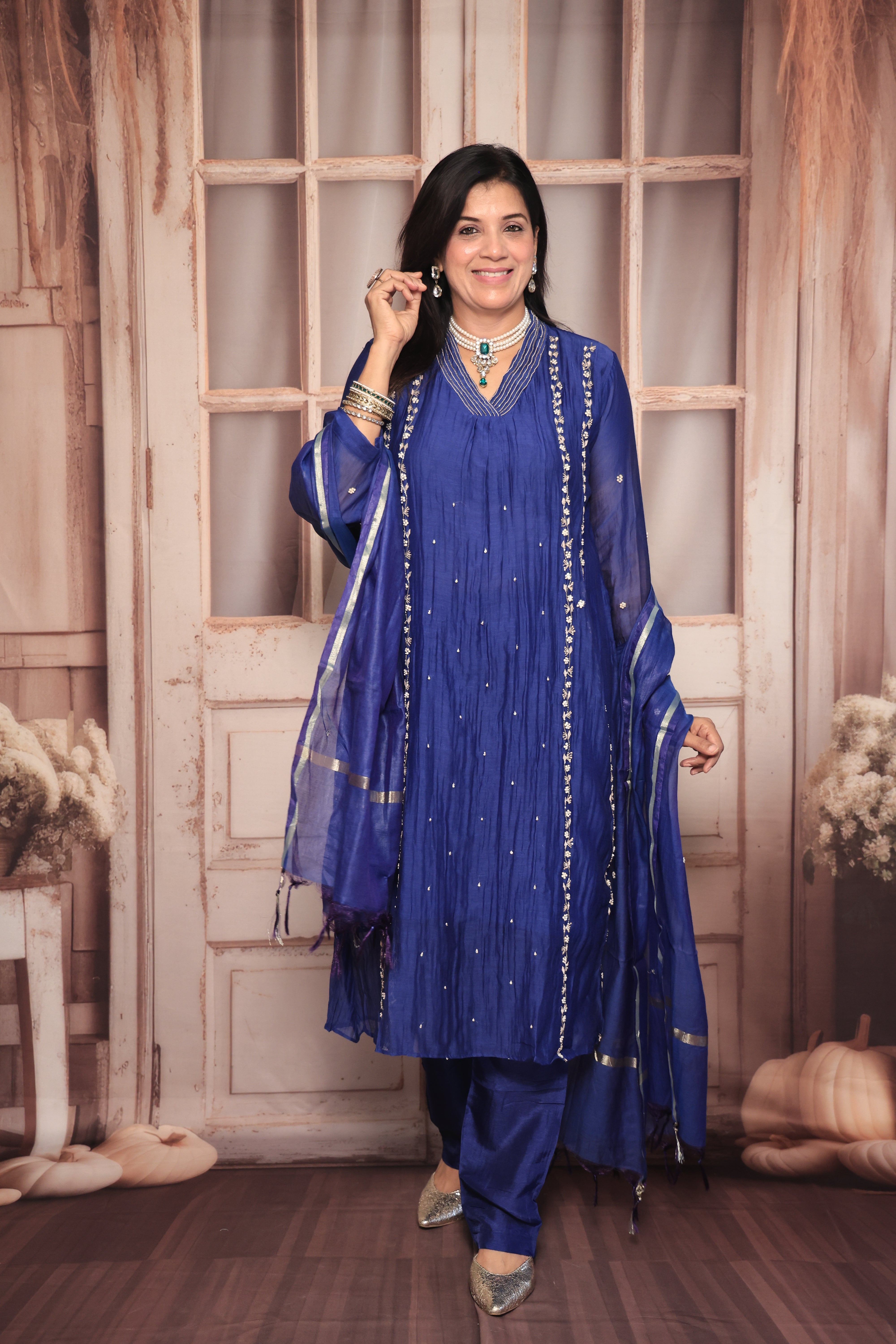 Royal Blue A-Line Embroidered Kurta Pant Dupatta Set | Pearl & Sequin Work | Pure Banarasi Mul Chanderi