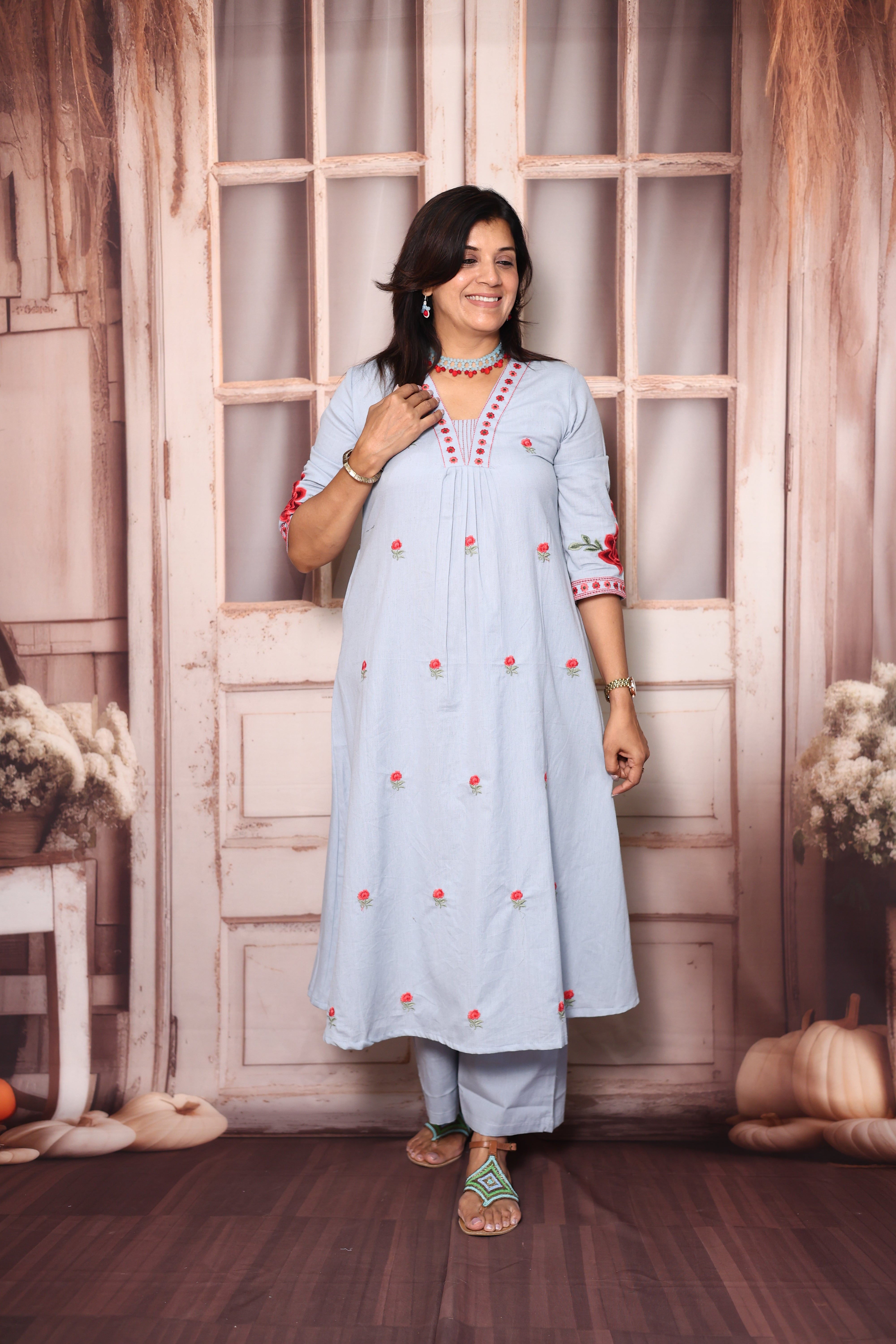 Uranian Blue Floral Embroidered A-Line Kurti Palazzo Set | Elegant Cotton Ethnic Wear
