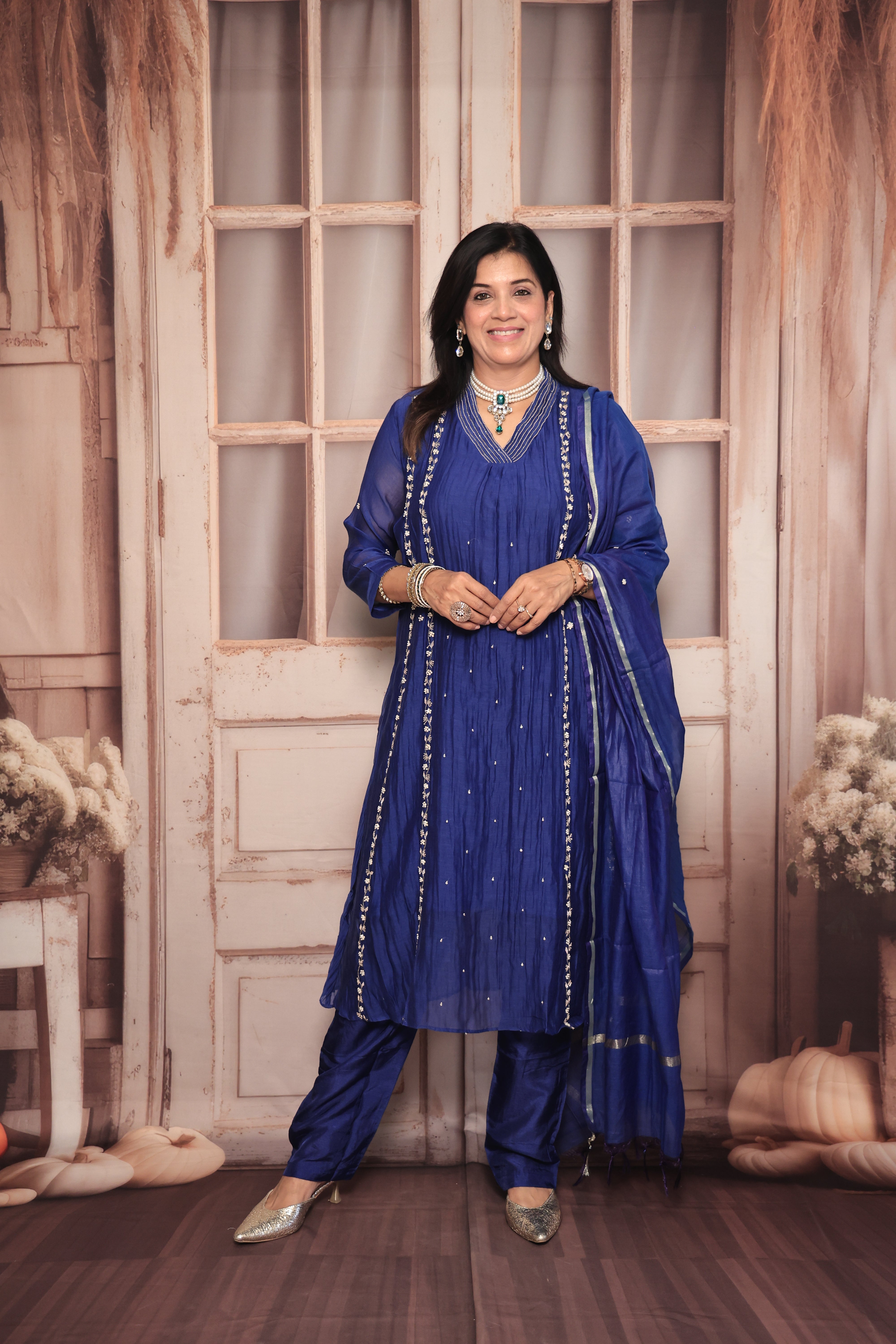 Royal Blue A-Line Embroidered Kurta Pant Dupatta Set | Pearl & Sequin Work | Pure Banarasi Mul Chanderi