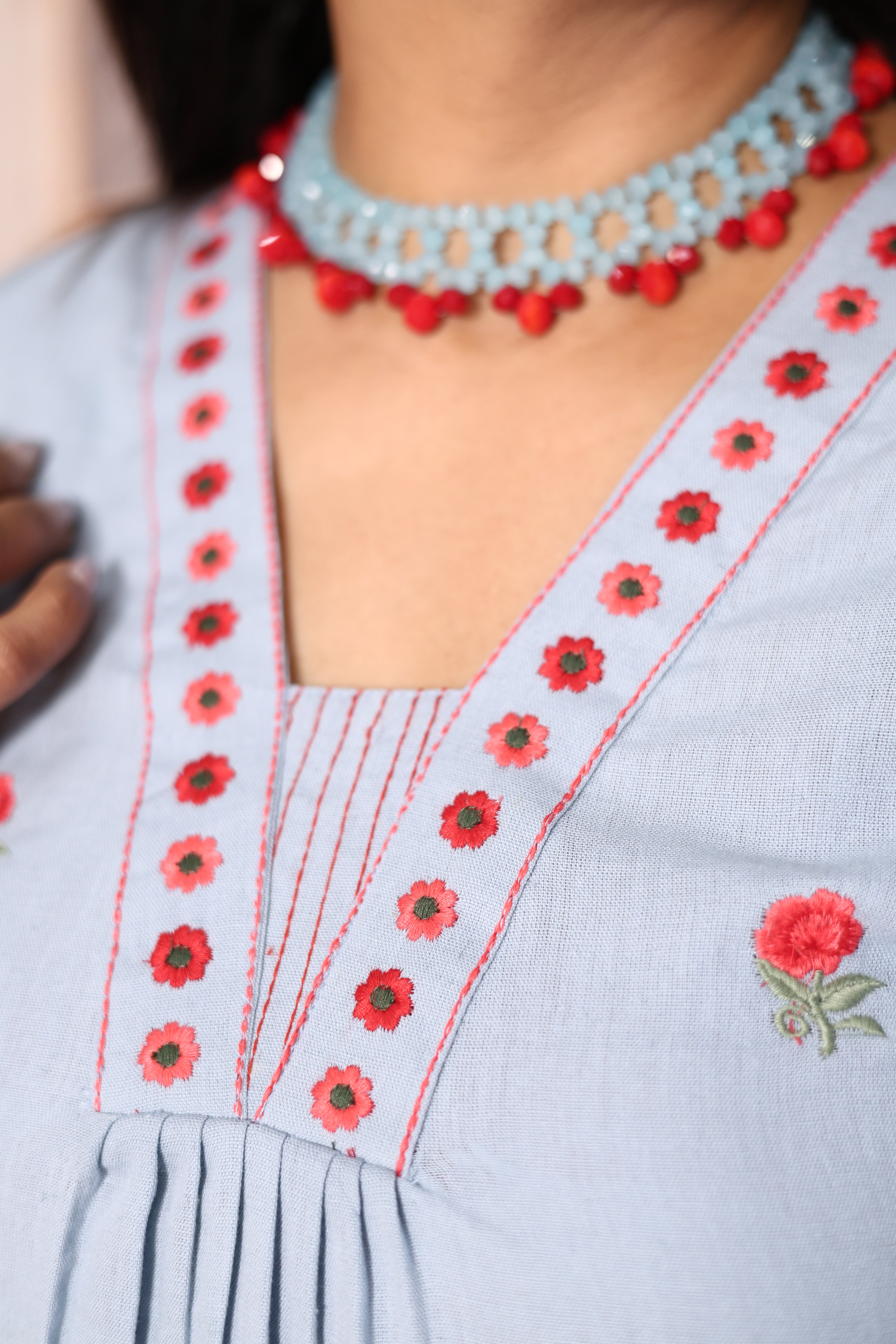 Uranian Blue Floral Embroidered A-Line Kurti Palazzo Set | Elegant Cotton Ethnic Wear