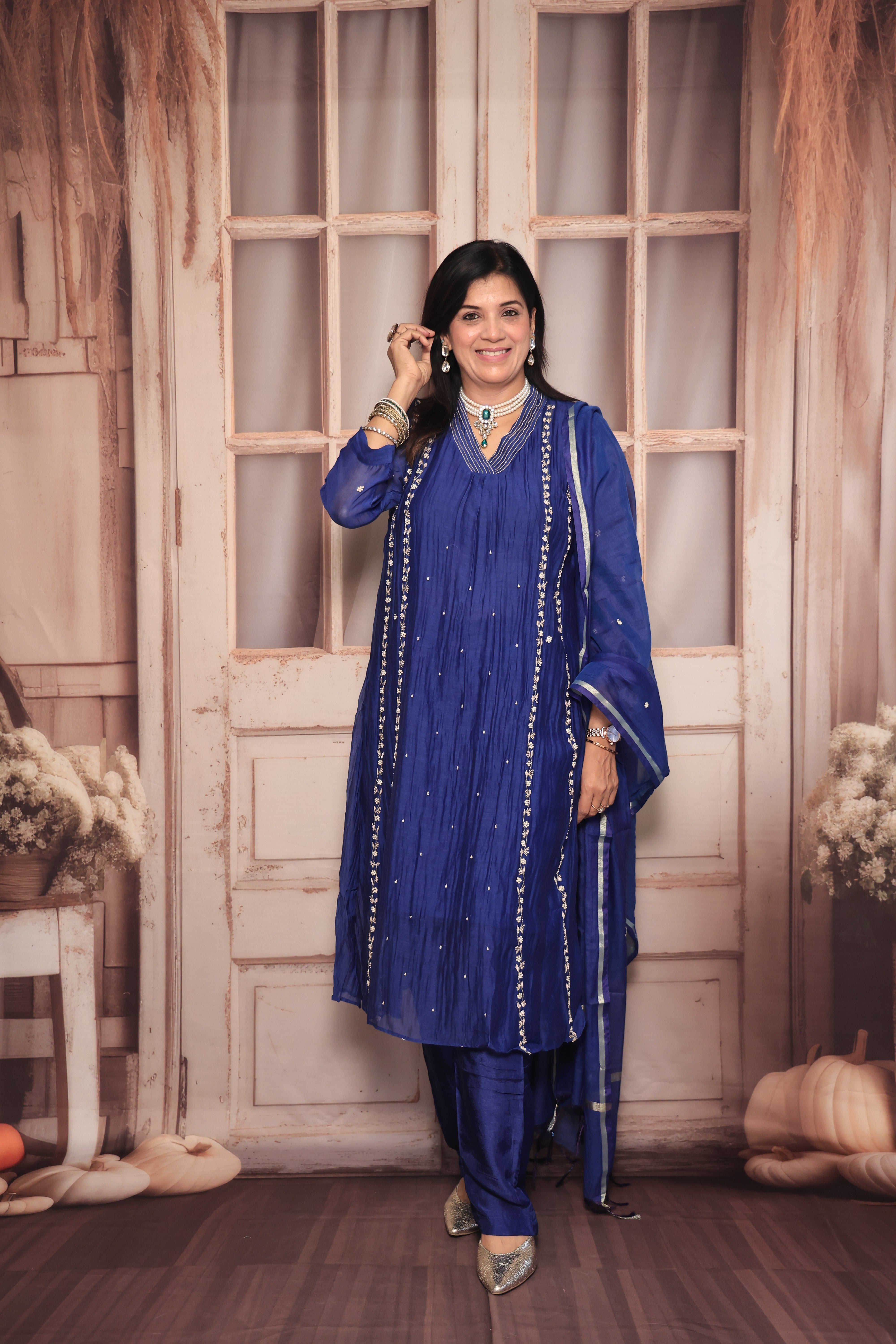 Royal Blue A-Line Embroidered Kurta Pant Dupatta Set | Pearl & Sequin Work | Pure Banarasi Mul Chanderi