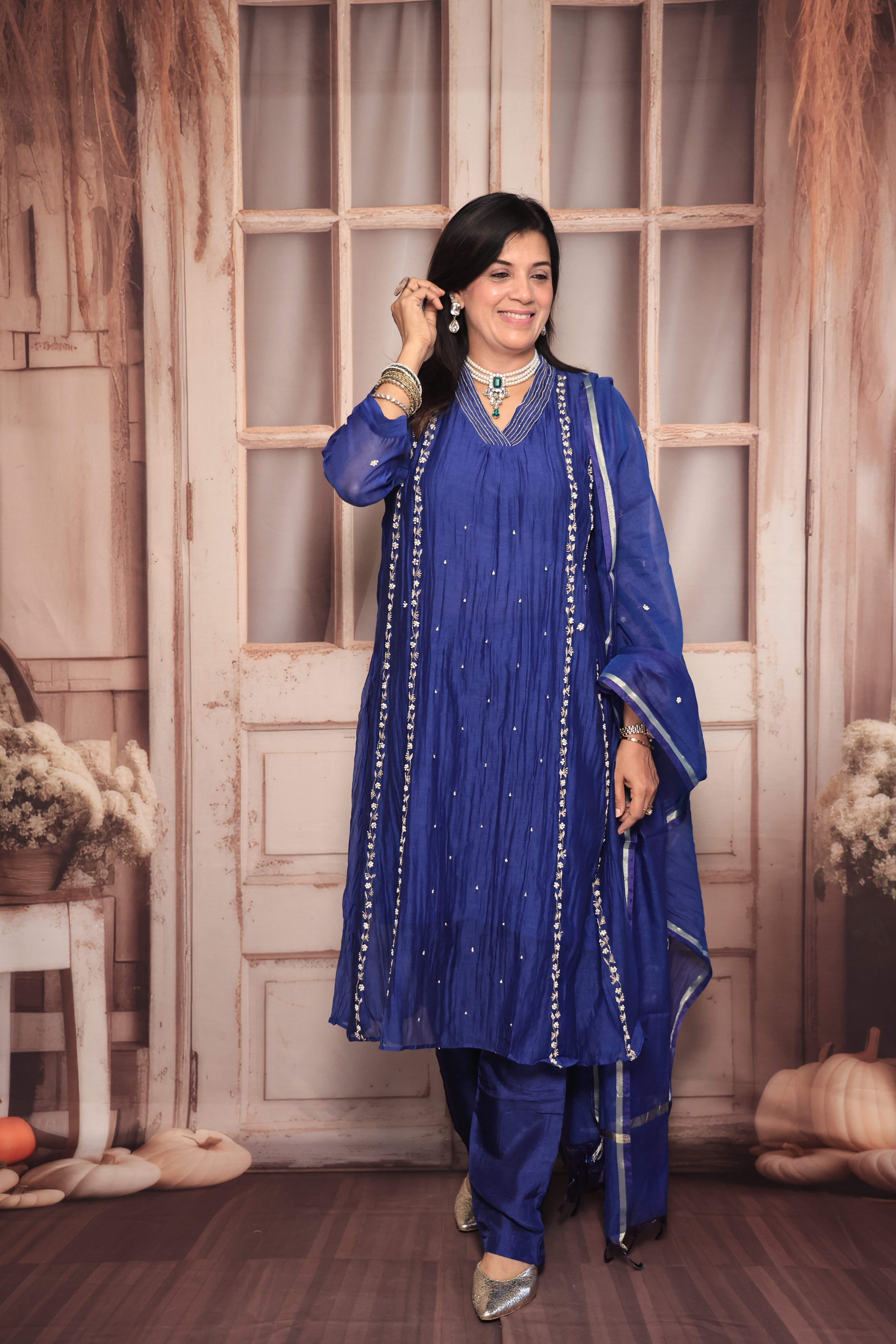 Royal Blue A-Line Embroidered Kurta Pant Dupatta Set | Pearl & Sequin Work | Pure Banarasi Mul Chanderi