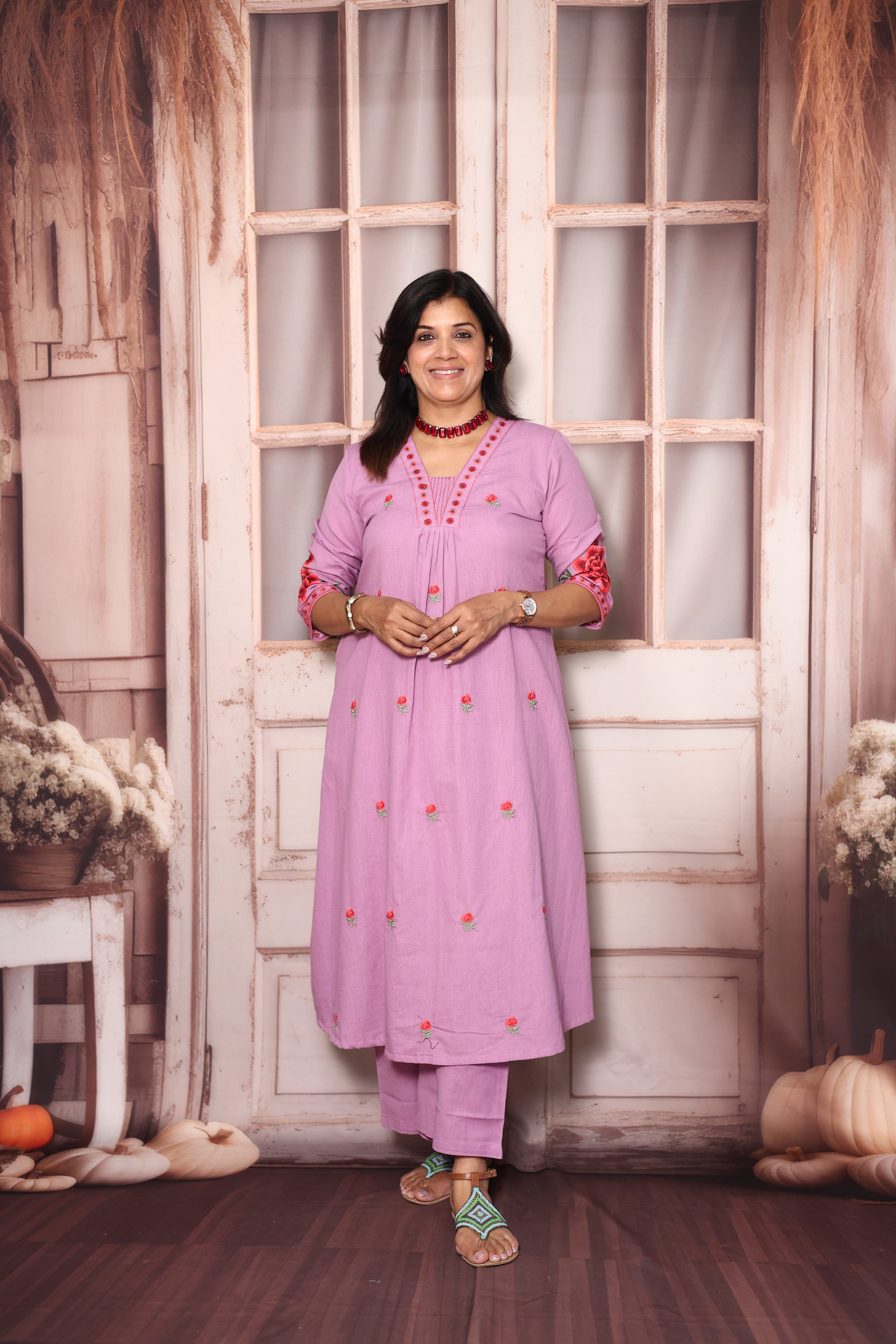 Wisteria Purple Floral Embroidered A-Line Kurti Palazzo Set | Elegant Cotton Ethnic Wear