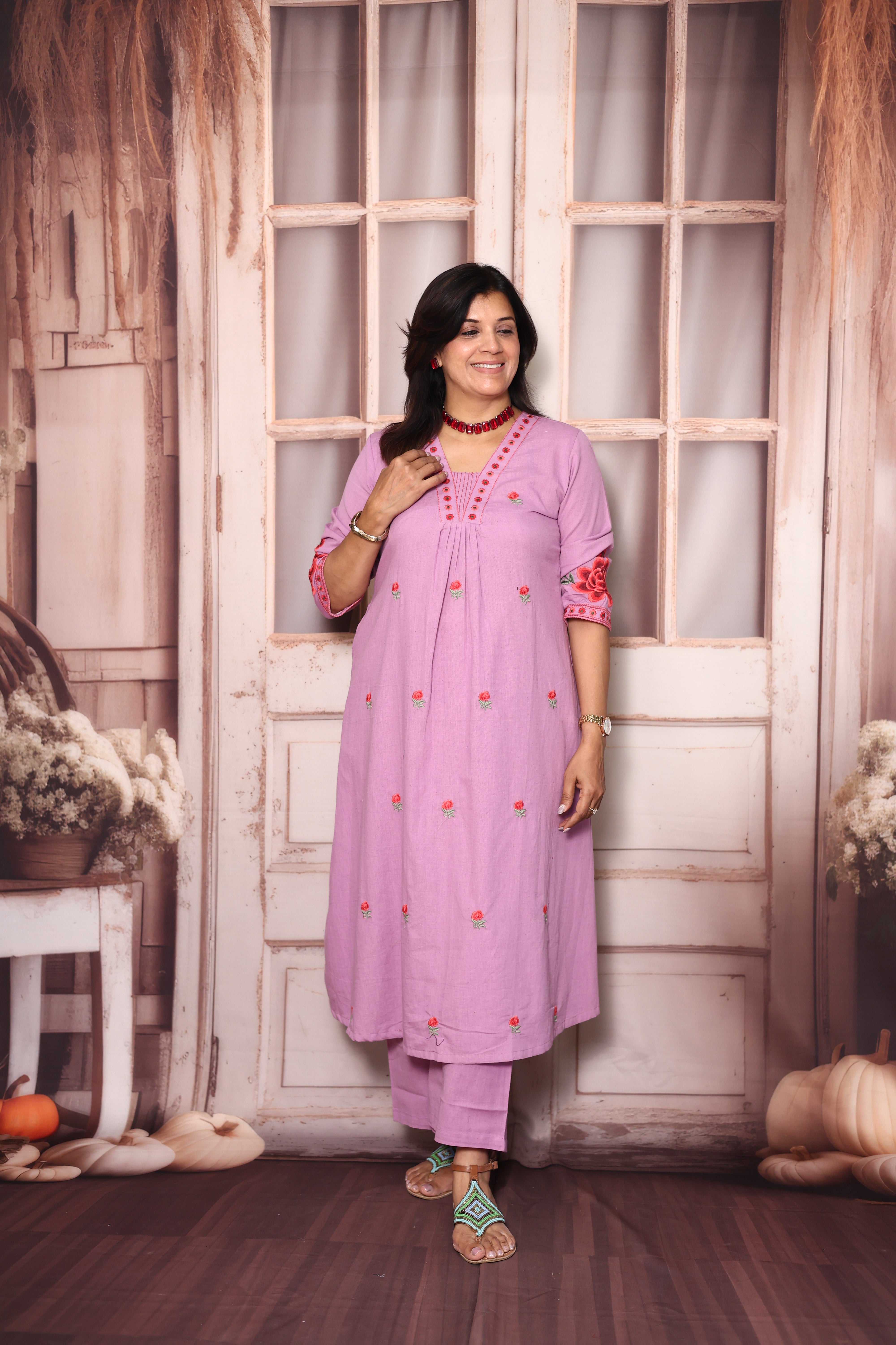 Wisteria Purple Floral Embroidered A-Line Kurti Palazzo Set | Elegant Cotton Ethnic Wear