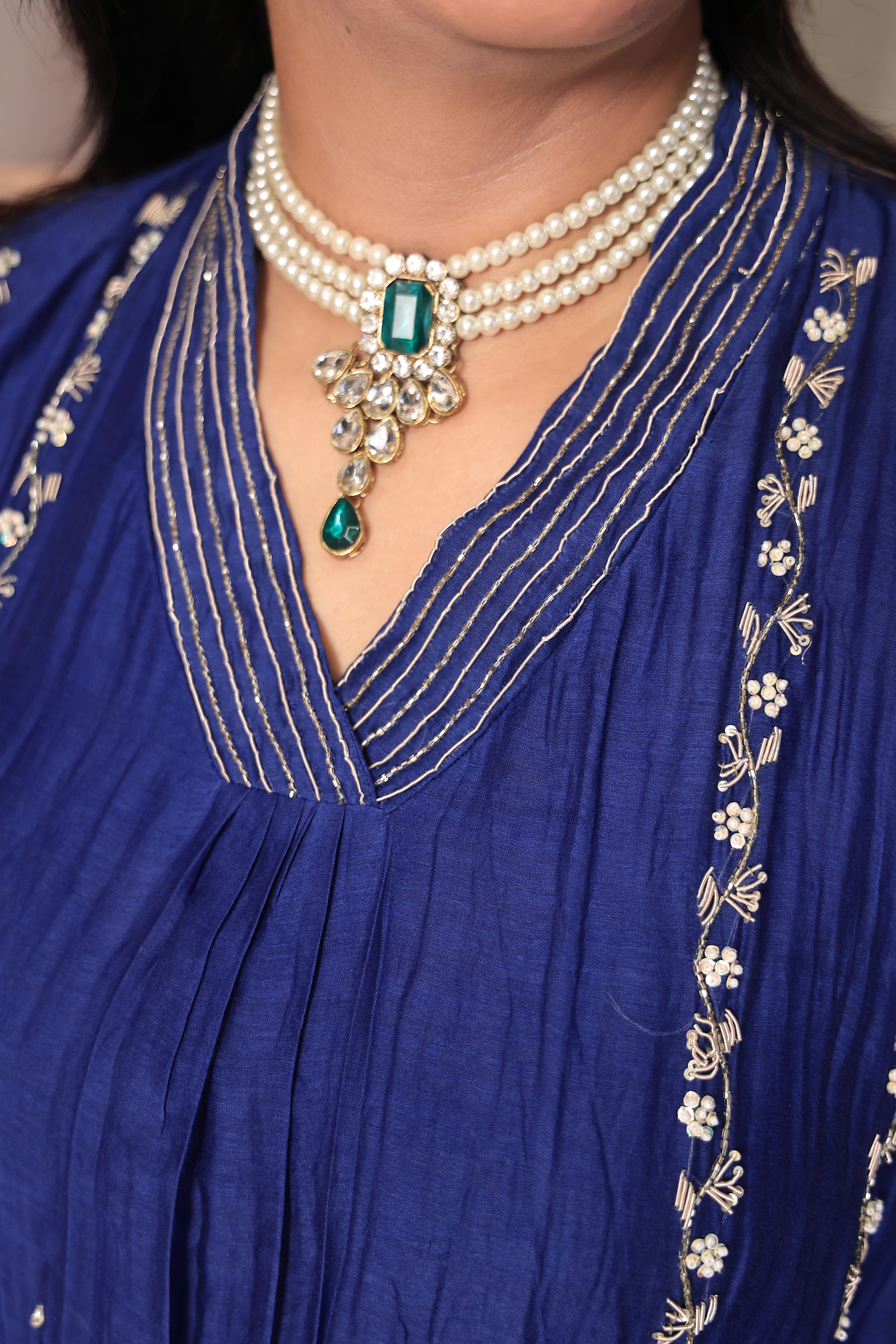 Royal Blue A-Line Embroidered Kurta Pant Dupatta Set | Pearl & Sequin Work | Pure Banarasi Mul Chanderi