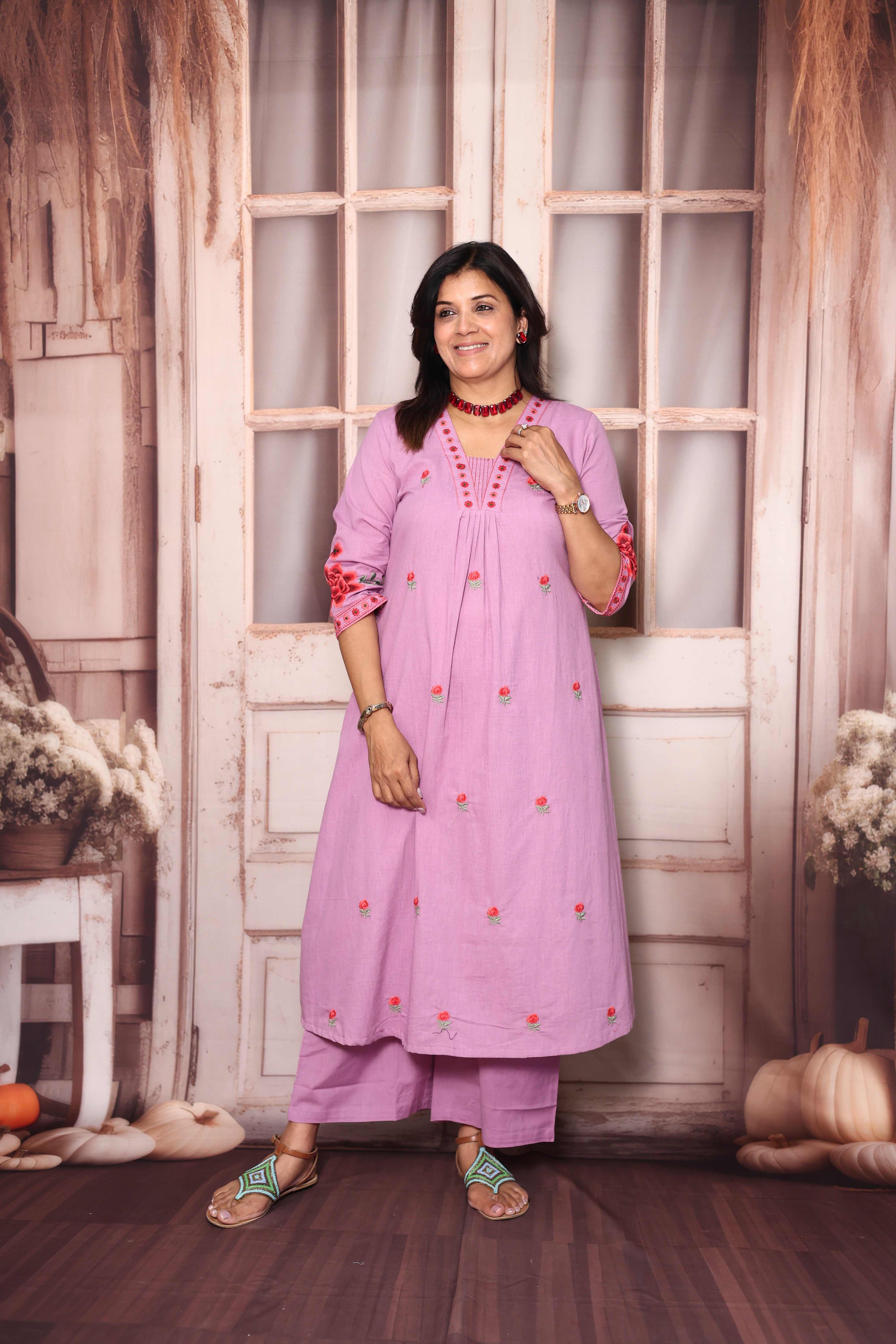 Wisteria Purple Floral Embroidered A-Line Kurti Palazzo Set | Elegant Cotton Ethnic Wear