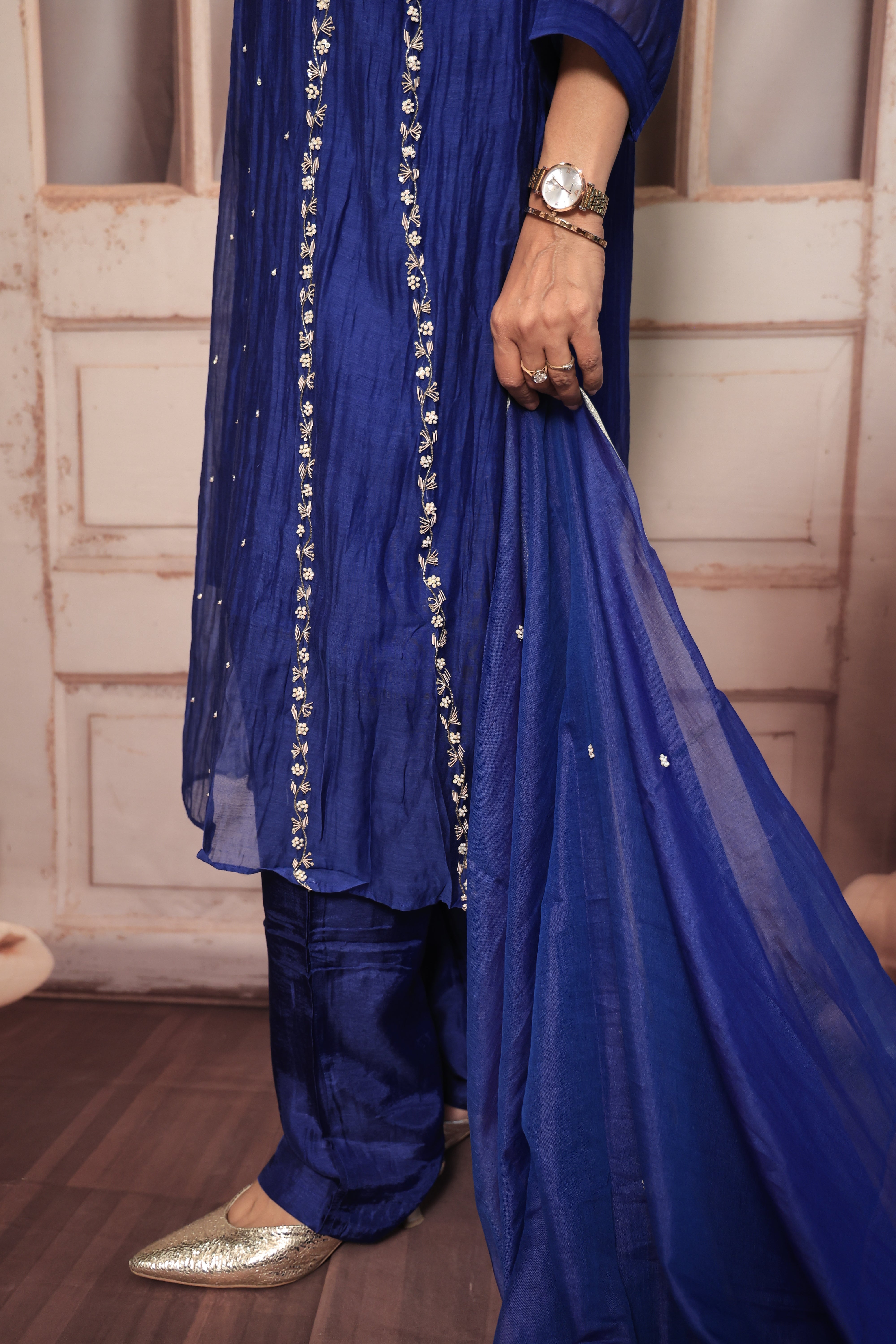 Royal Blue A-Line Embroidered Kurta Pant Dupatta Set | Pearl & Sequin Work | Pure Banarasi Mul Chanderi