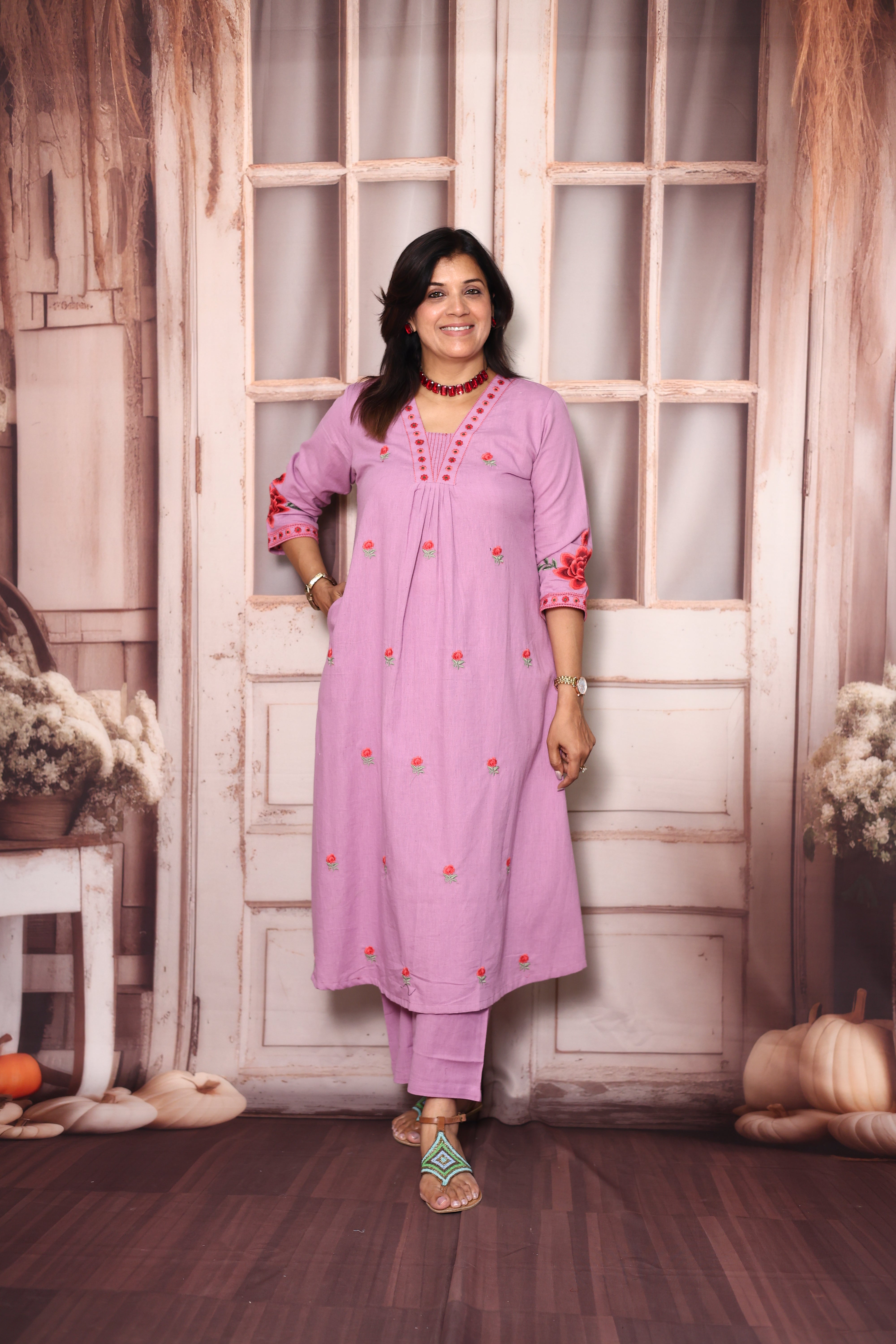 Wisteria Purple Floral Embroidered A-Line Kurti Palazzo Set | Elegant Cotton Ethnic Wear