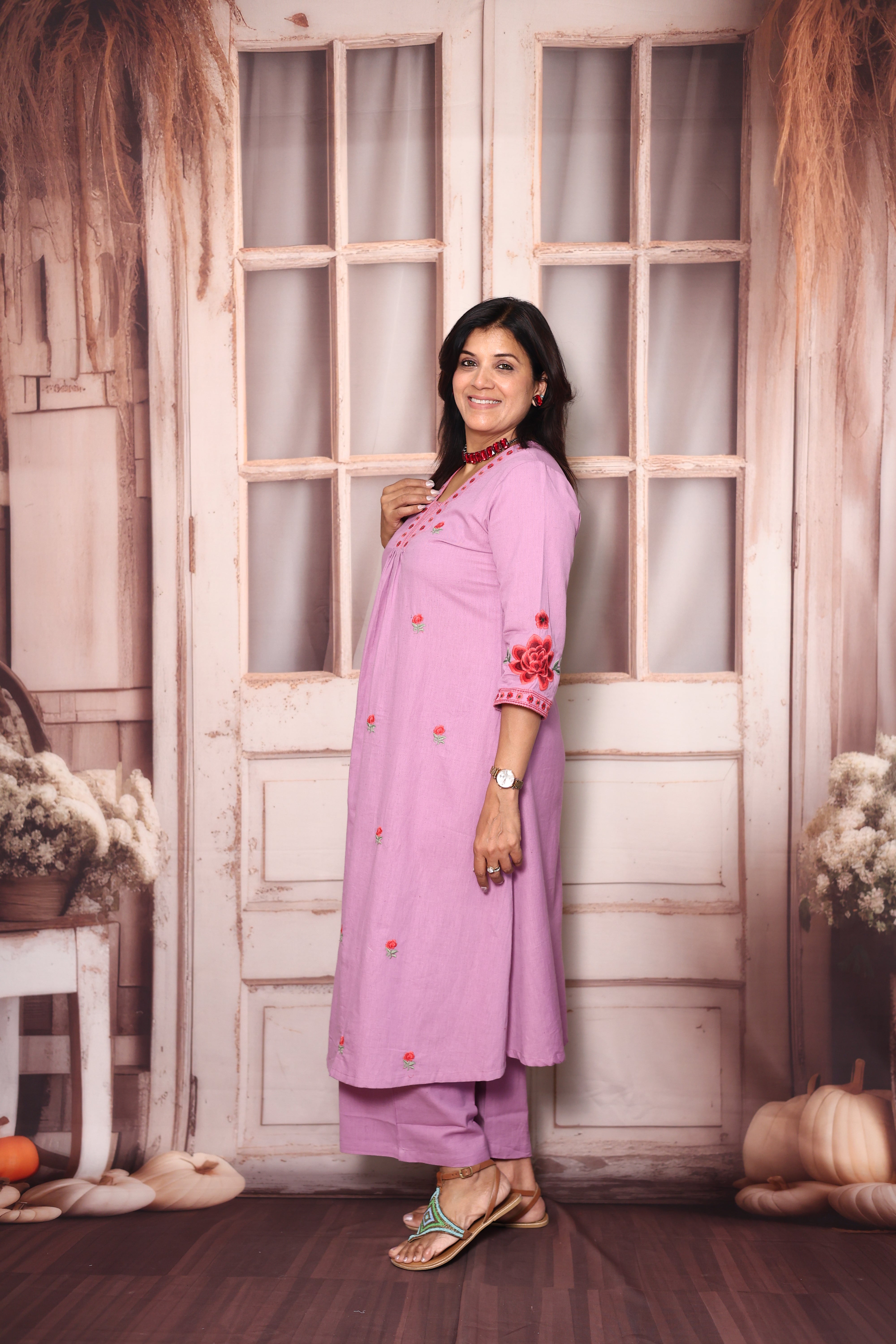 Wisteria Purple Floral Embroidered A-Line Kurti Palazzo Set | Elegant Cotton Ethnic Wear
