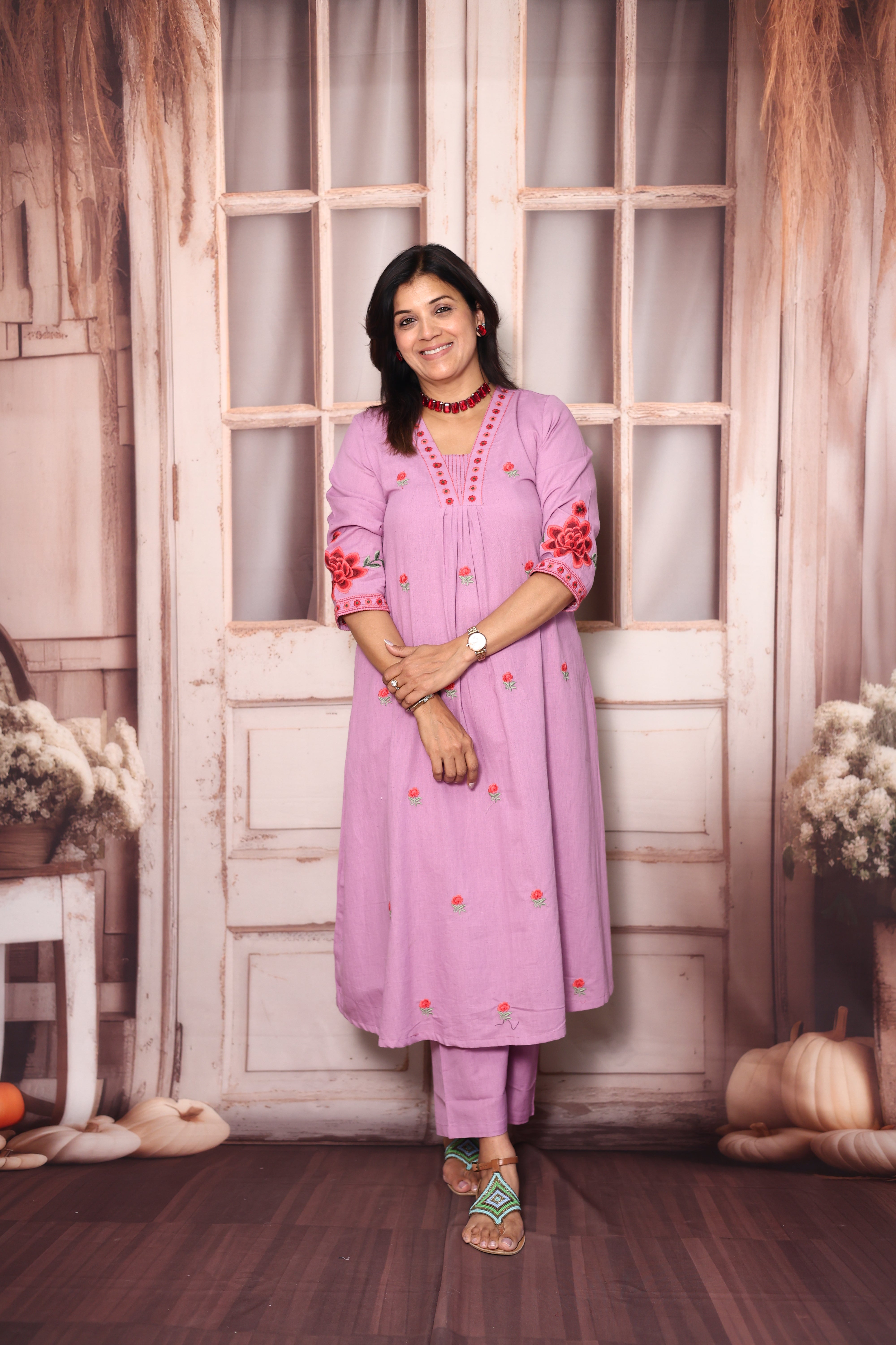 Wisteria Purple Floral Embroidered A-Line Kurti Palazzo Set | Elegant Cotton Ethnic Wear