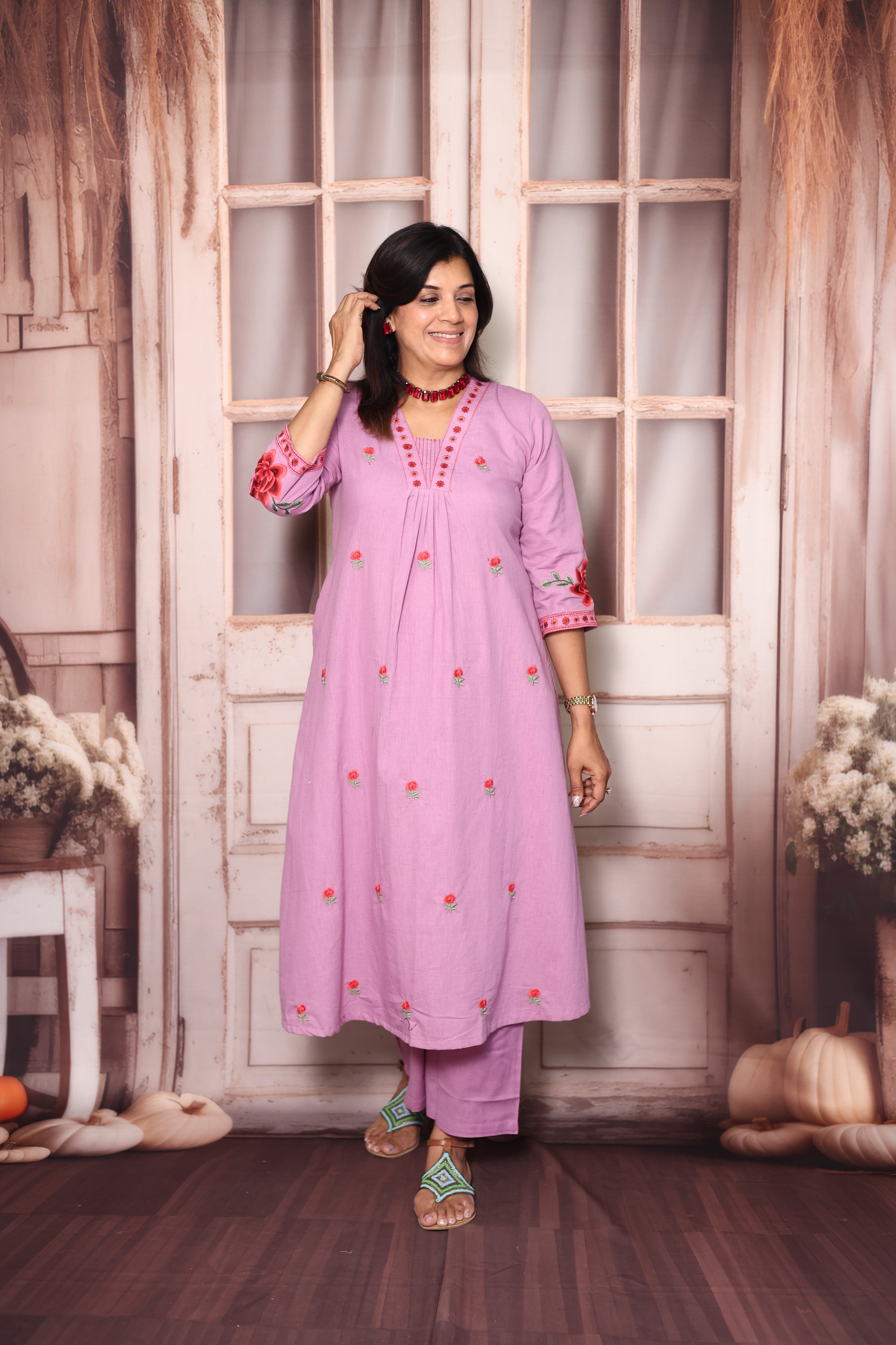 Wisteria Purple Floral Embroidered A-Line Kurti Palazzo Set | Elegant Cotton Ethnic Wear