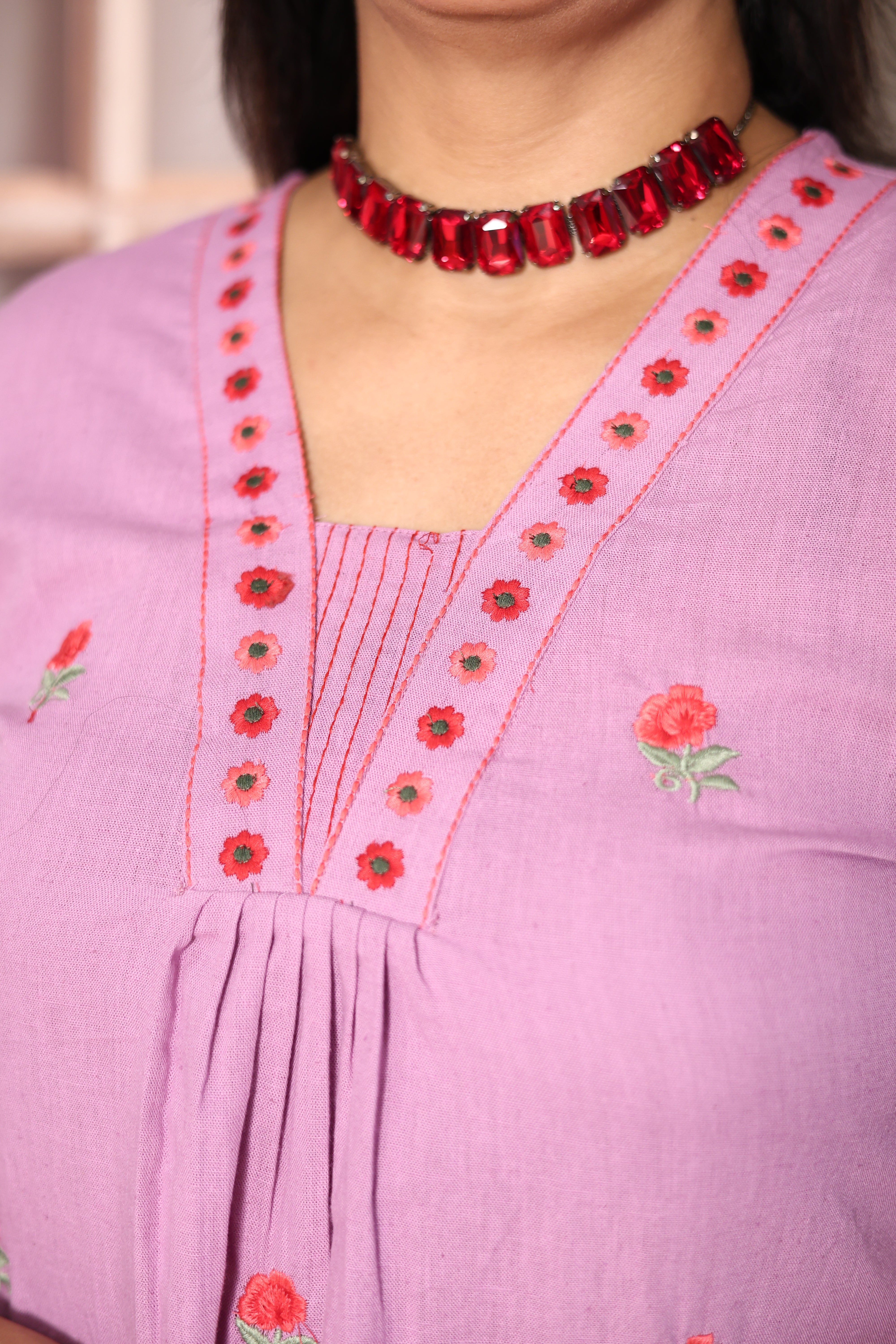 Wisteria Purple Floral Embroidered A-Line Kurti Palazzo Set | Elegant Cotton Ethnic Wear
