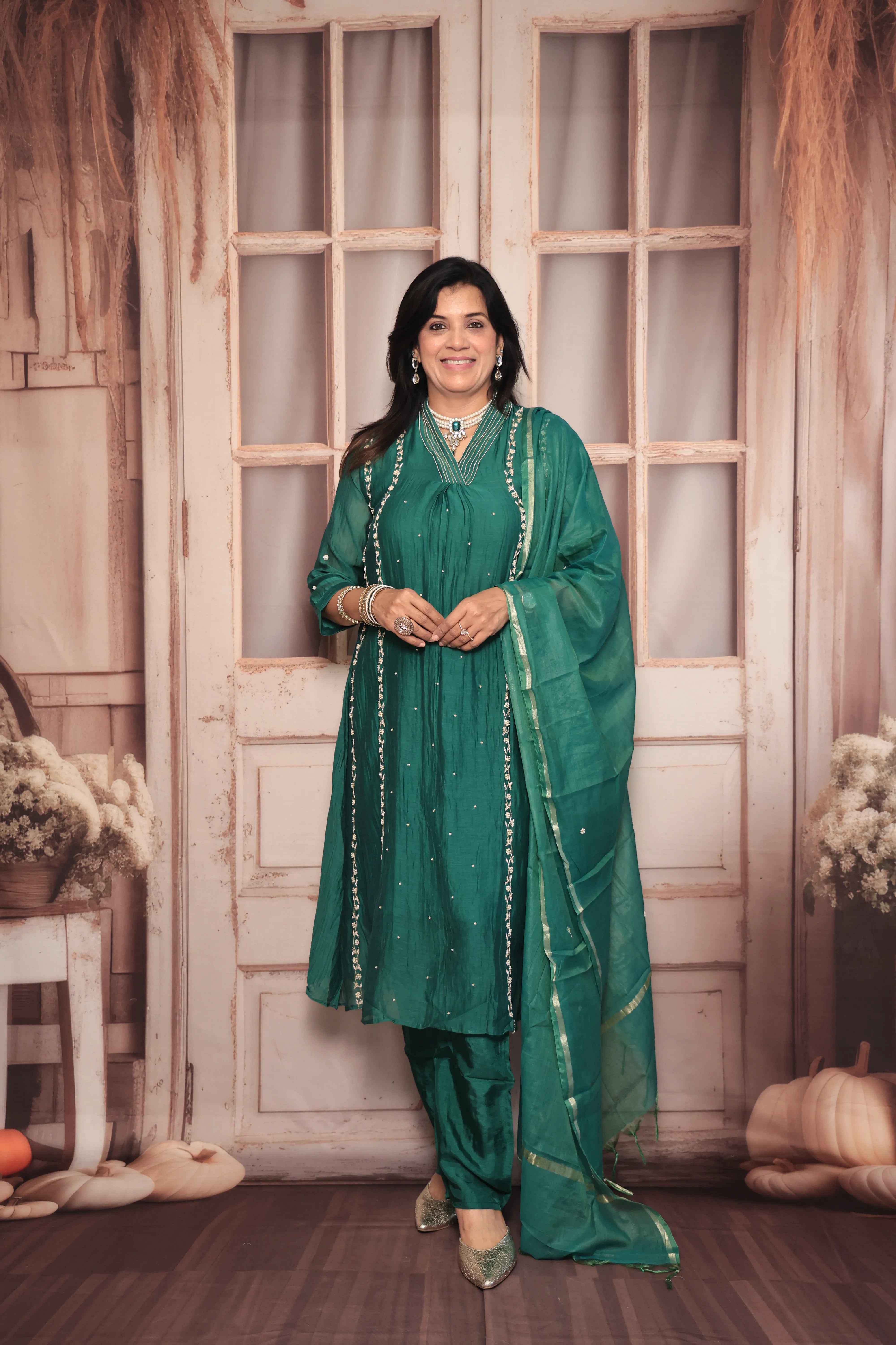 Green A-Line Embroidered Kurta Pant Dupatta Set | Pearl & Sequin Work | Pure Banarasi Mul Chanderi