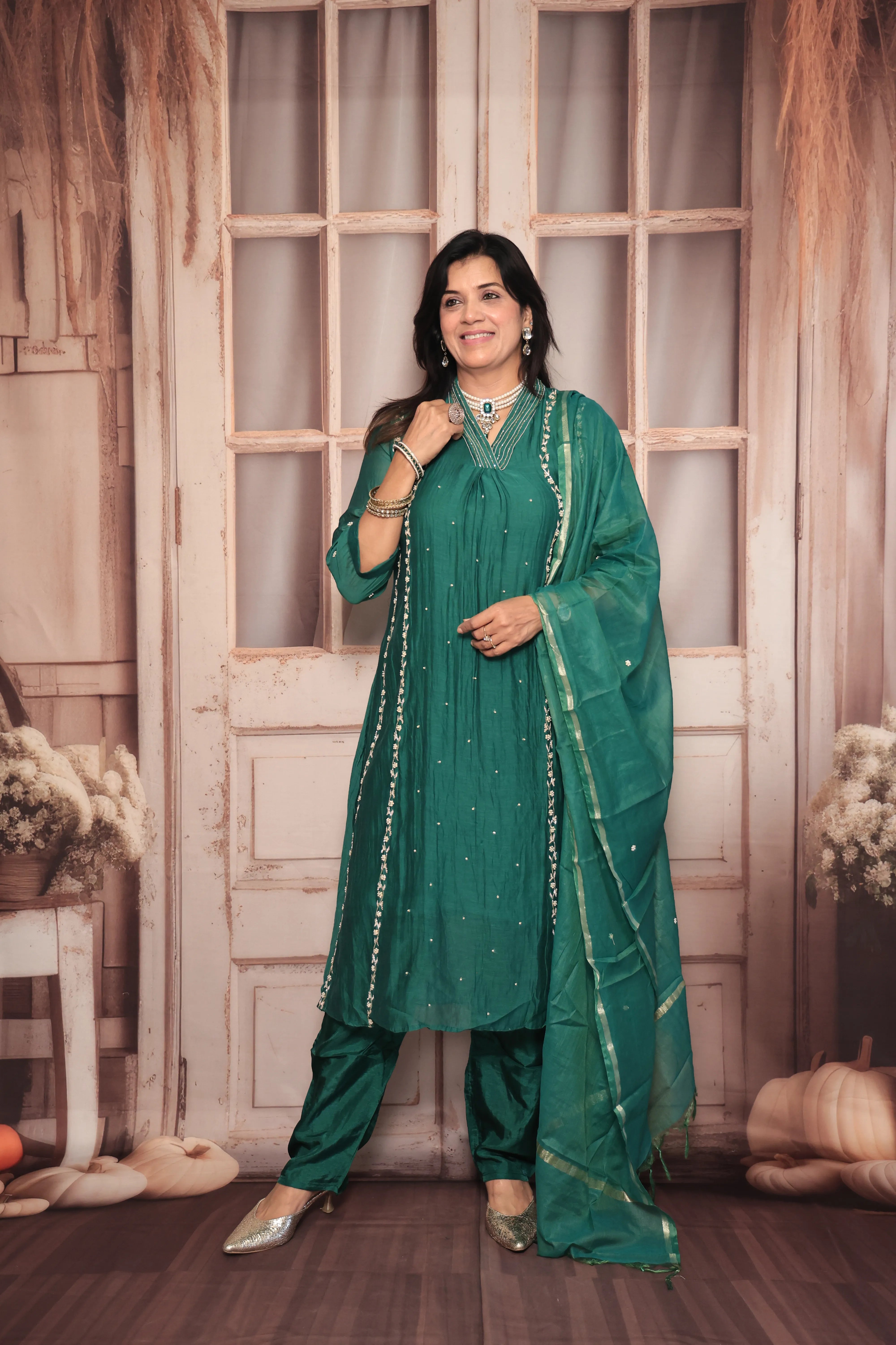 Green A-Line Embroidered Kurta Pant Dupatta Set | Pearl & Sequin Work | Pure Banarasi Mul Chanderi