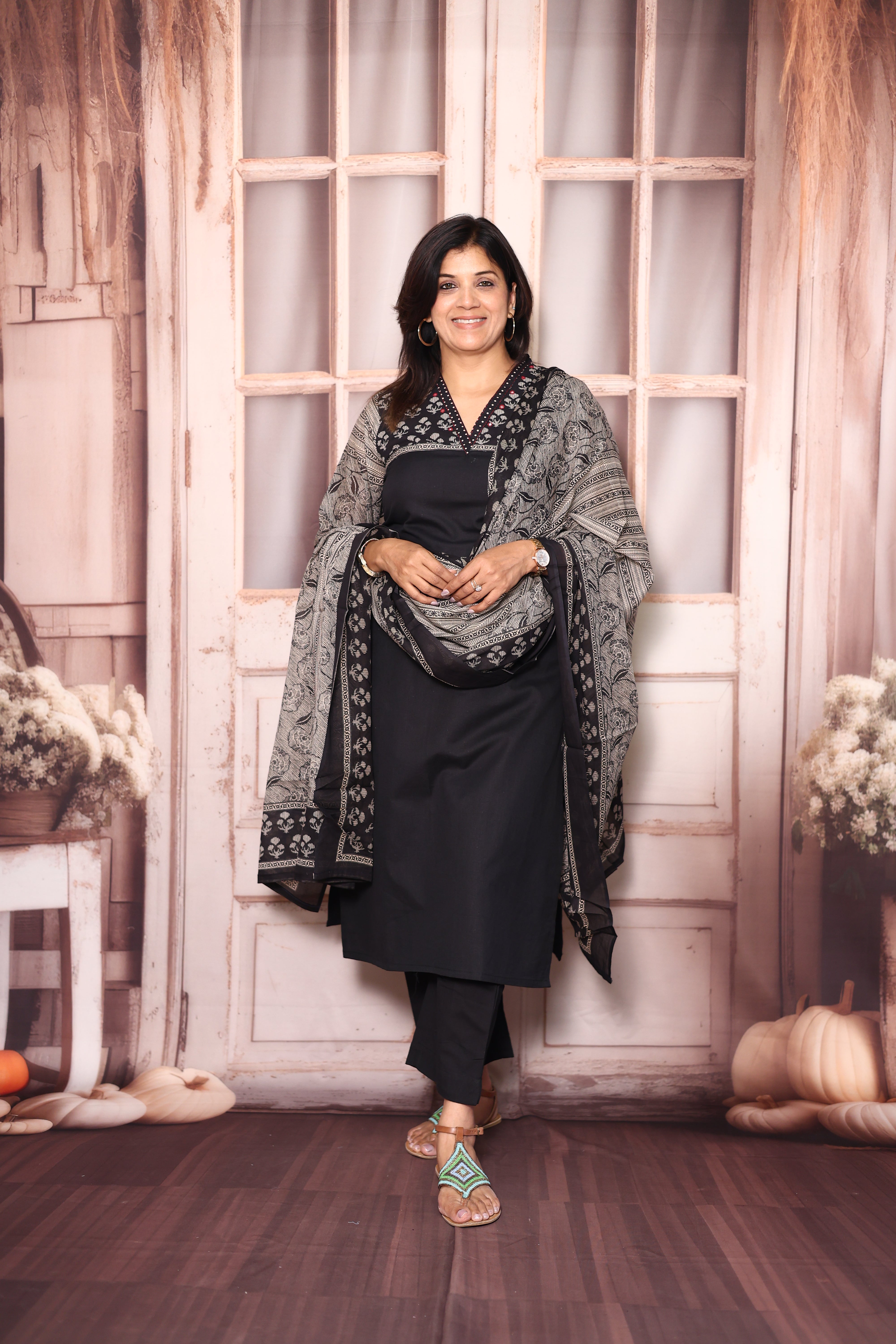 Black Kalamkari Print Dupatta Set | Mirror Work Mul Cotton Ethnic Wear