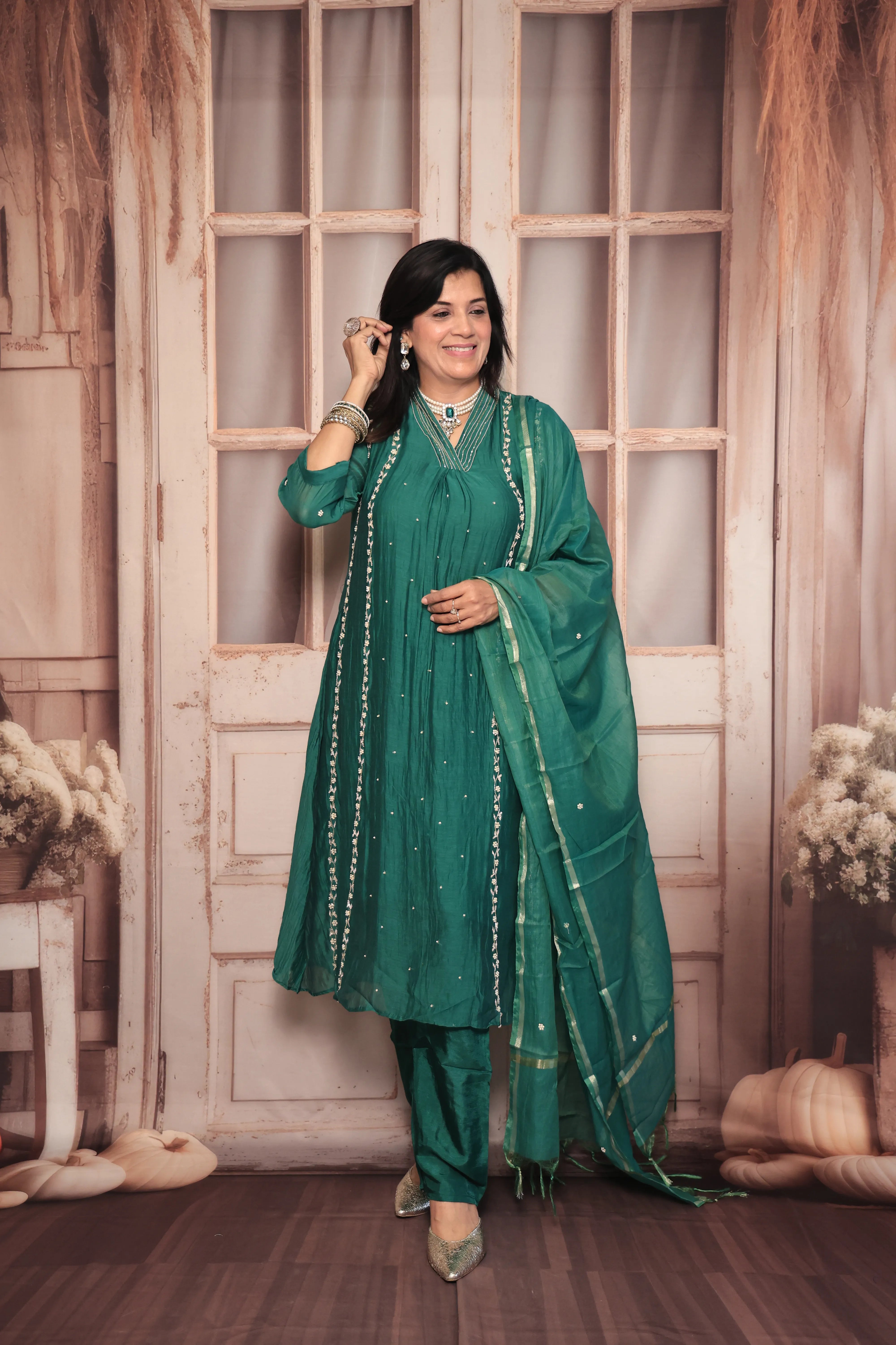 Green A-Line Embroidered Kurta Pant Dupatta Set | Pearl & Sequin Work | Pure Banarasi Mul Chanderi