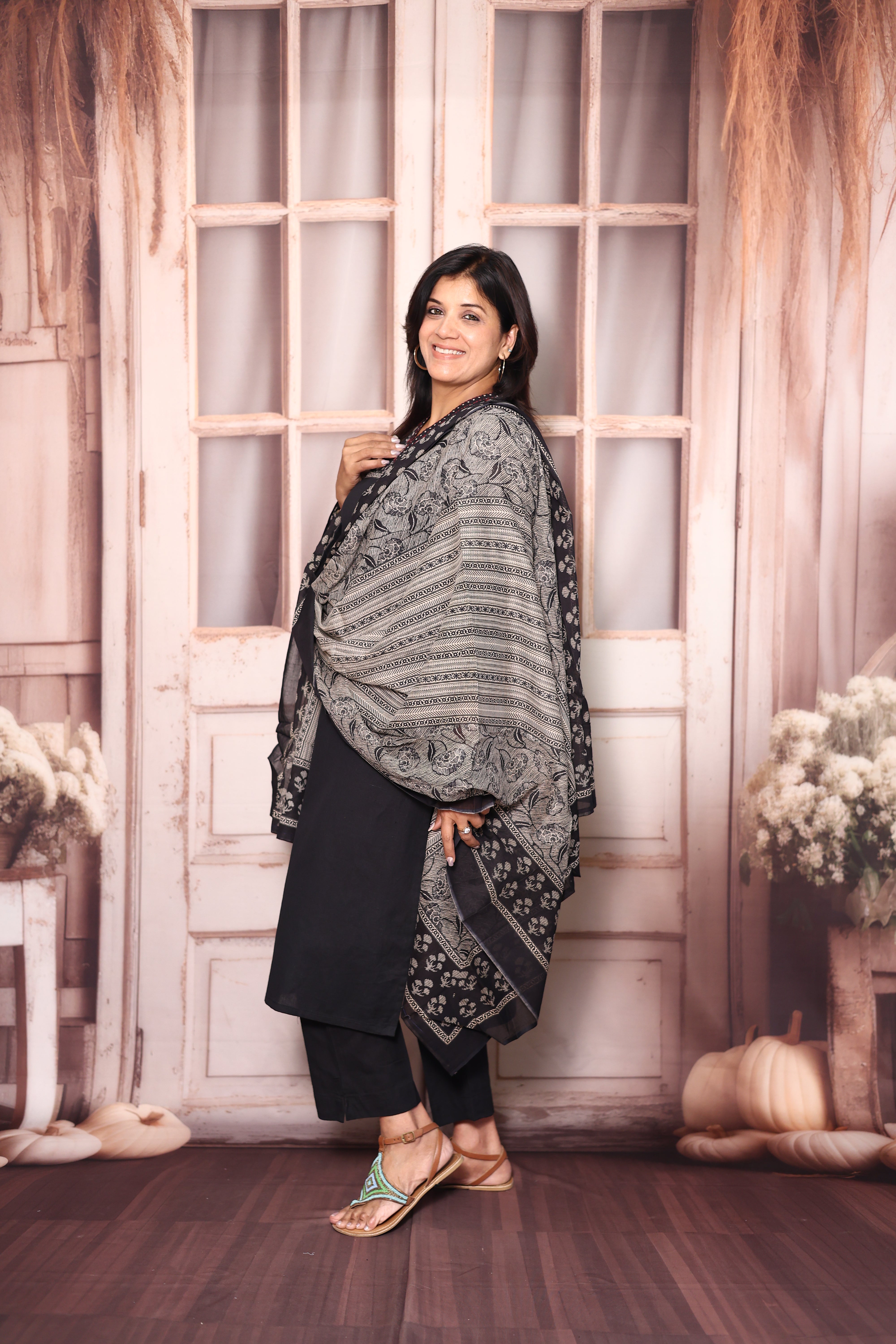 Black Kalamkari Print Dupatta Set | Mirror Work Mul Cotton Ethnic Wear