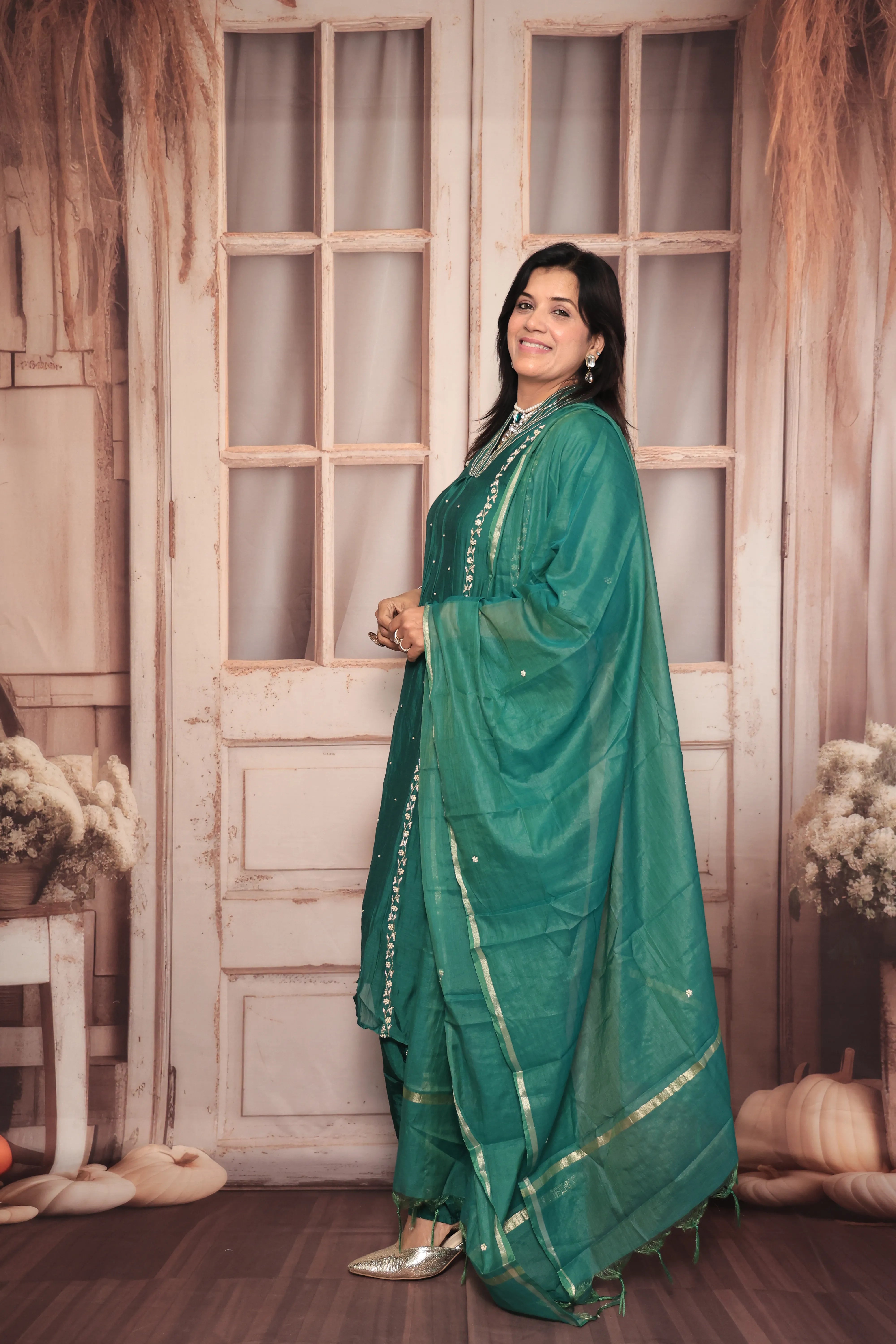 Green A-Line Embroidered Kurta Pant Dupatta Set | Pearl & Sequin Work | Pure Banarasi Mul Chanderi
