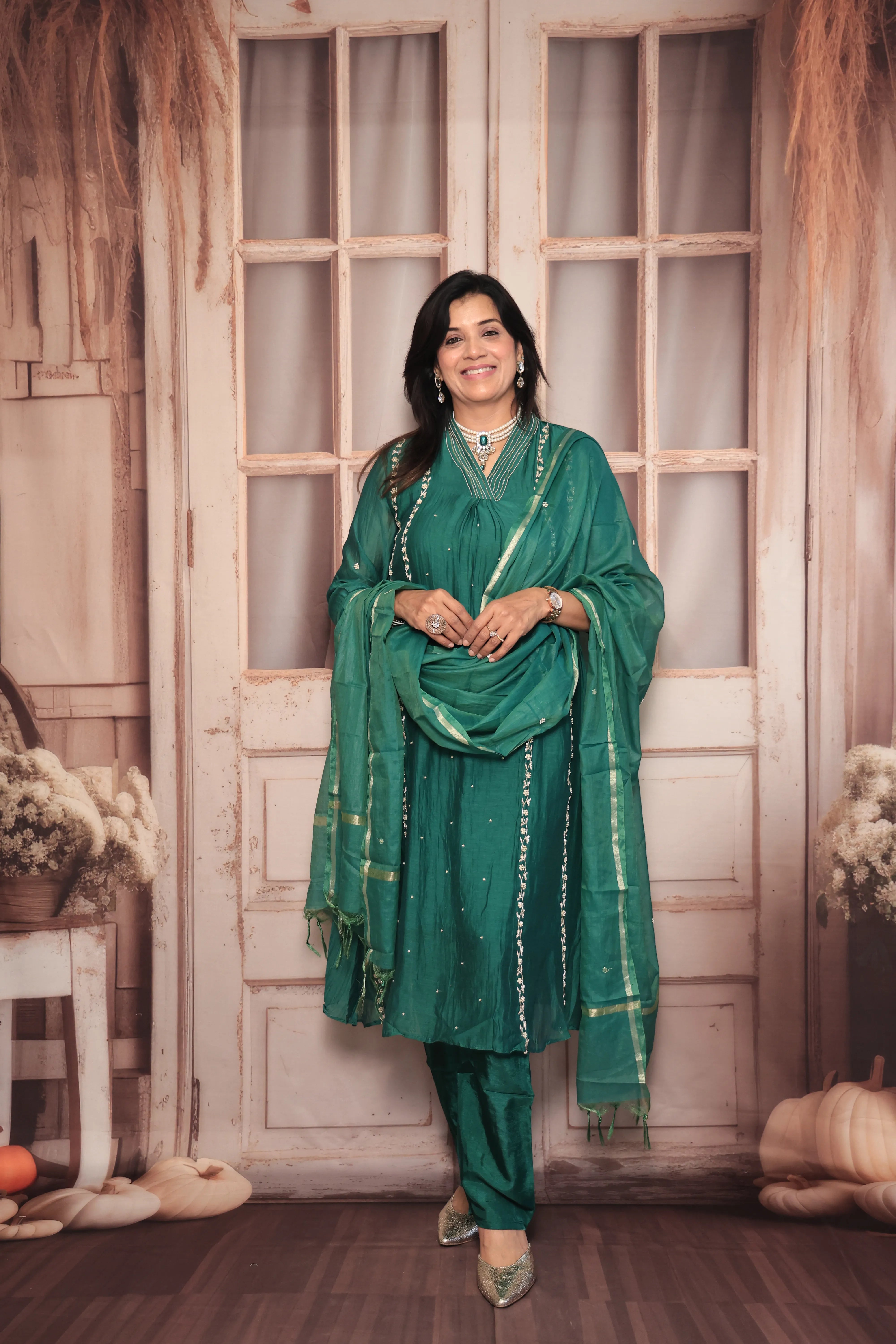 Green A-Line Embroidered Kurta Pant Dupatta Set | Pearl & Sequin Work | Pure Banarasi Mul Chanderi