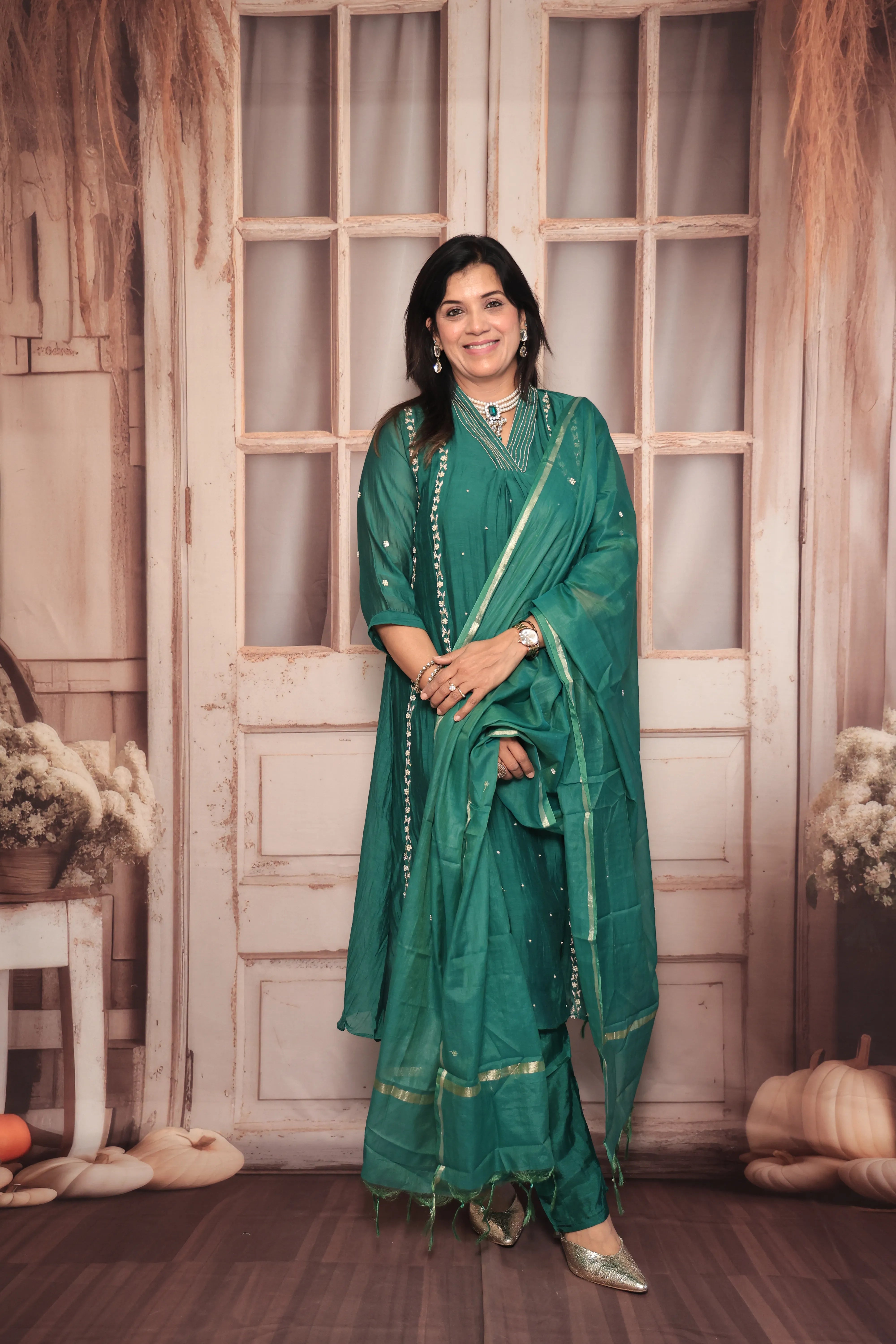 Green A-Line Embroidered Kurta Pant Dupatta Set | Pearl & Sequin Work | Pure Banarasi Mul Chanderi