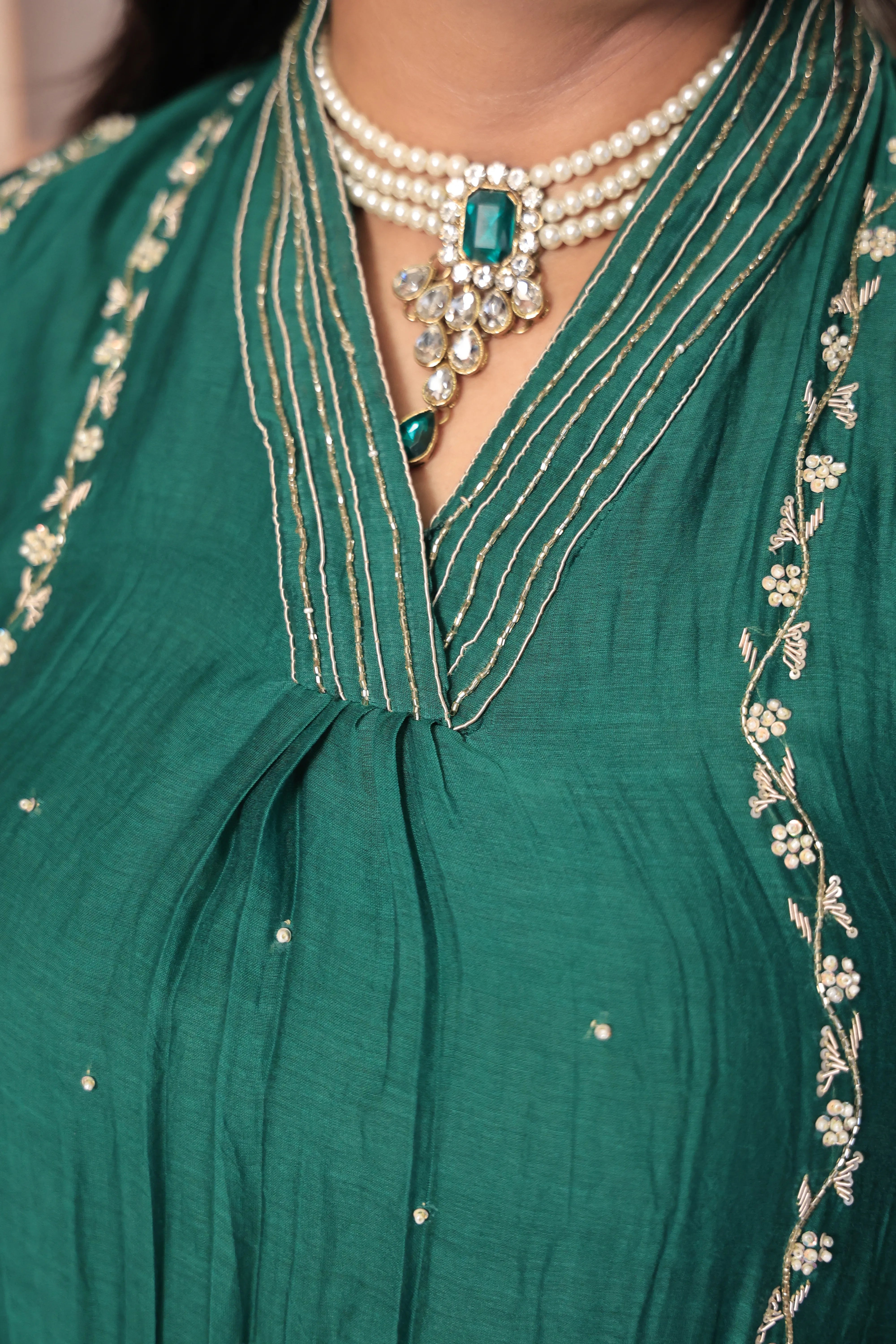 Green A-Line Embroidered Kurta Pant Dupatta Set | Pearl & Sequin Work | Pure Banarasi Mul Chanderi