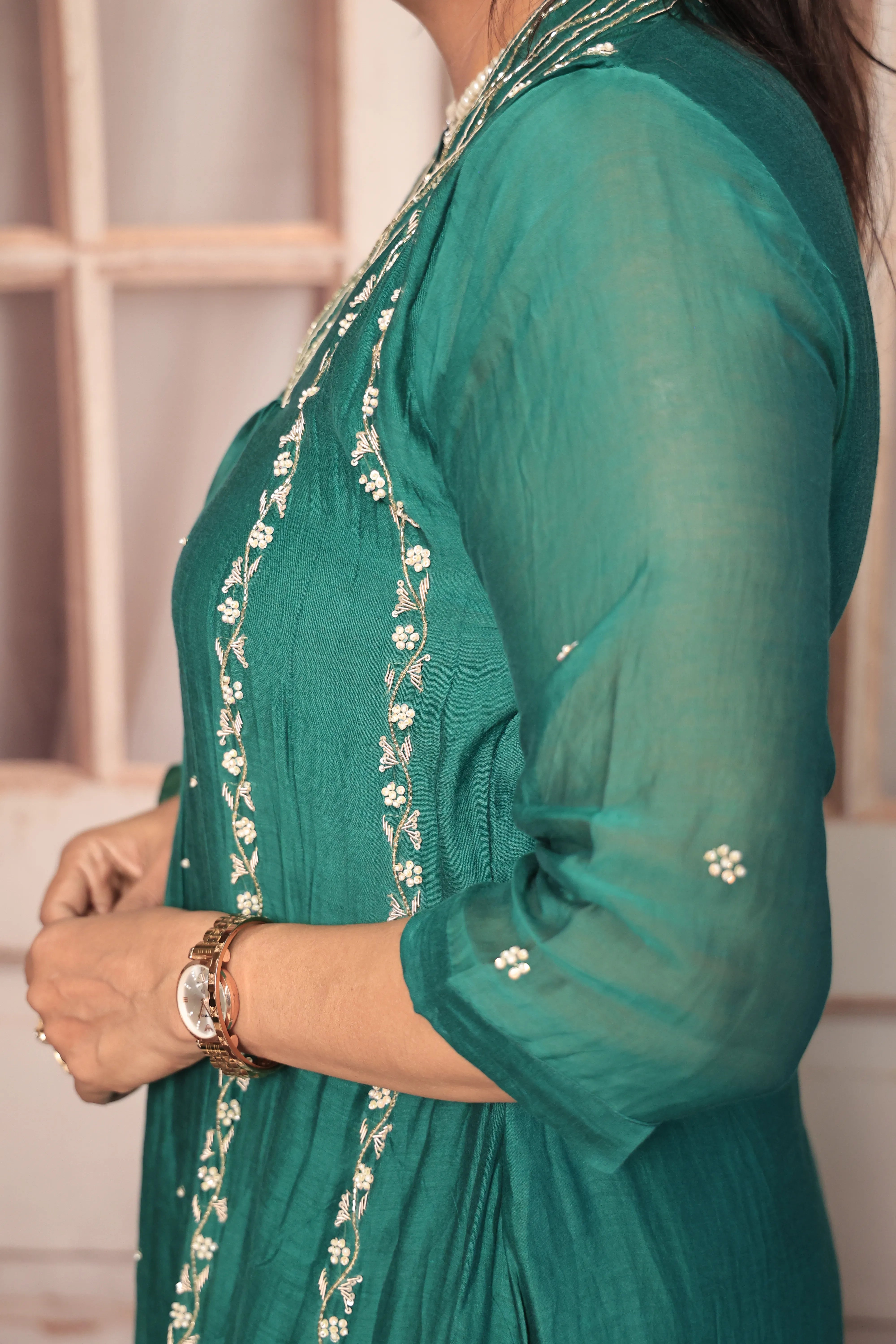 Green A-Line Embroidered Kurta Pant Dupatta Set | Pearl & Sequin Work | Pure Banarasi Mul Chanderi