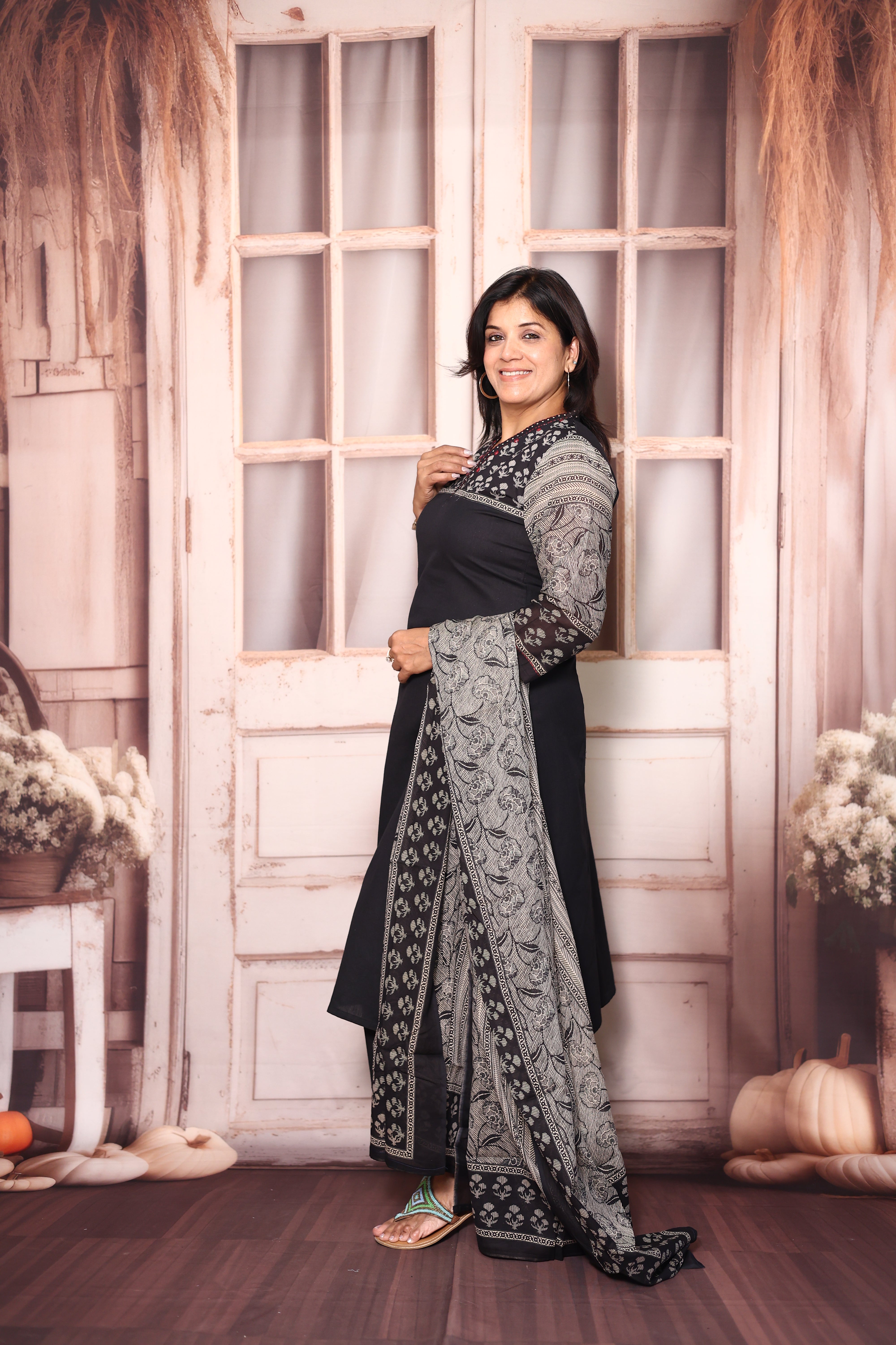 Black Kalamkari Print Dupatta Set | Mirror Work Mul Cotton Ethnic Wear