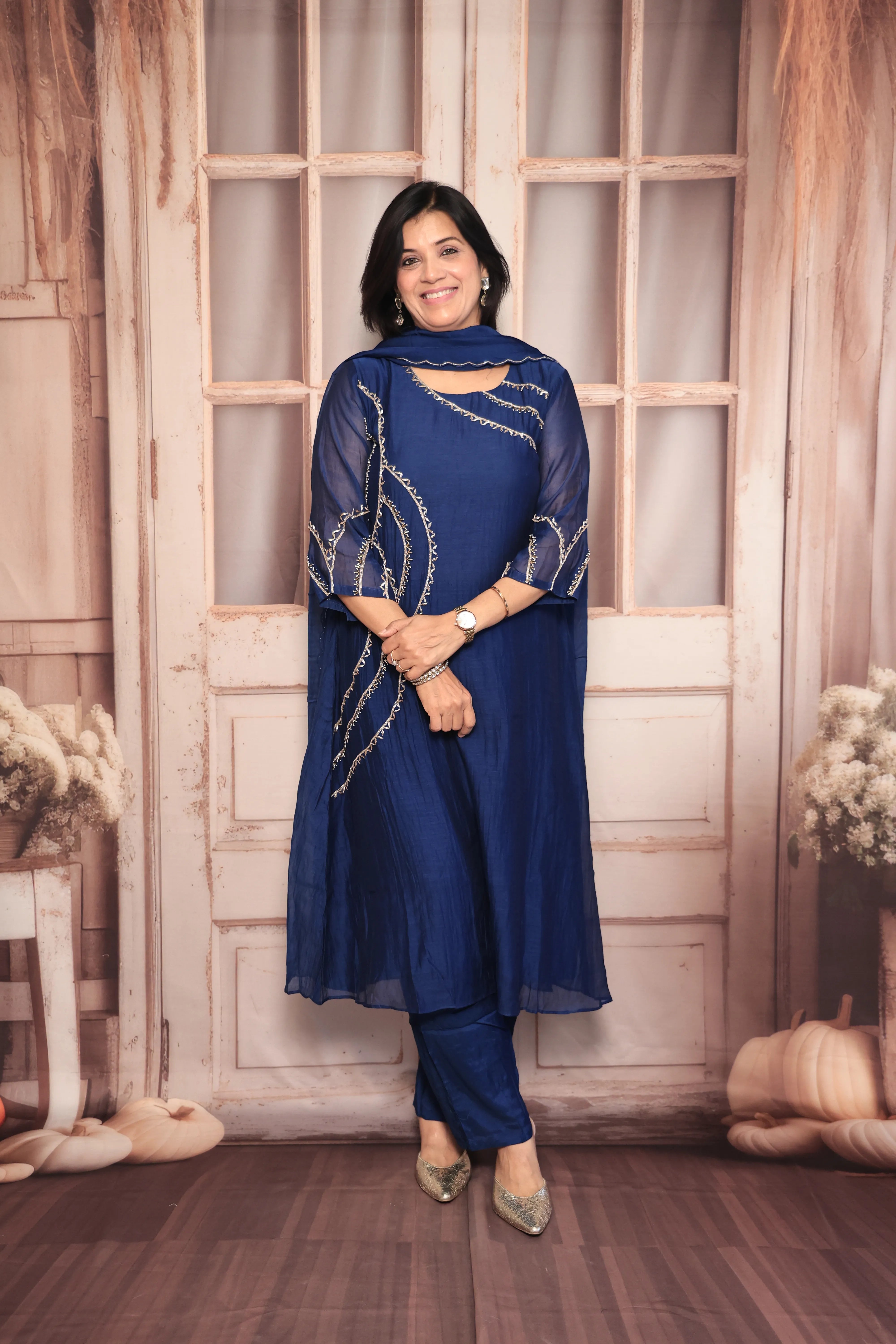 Navy Blue A-Line Embroidered Kurta Pant Dupatta Set | Pearl & Sequin Work | Pure Banarasi Mul Chanderi