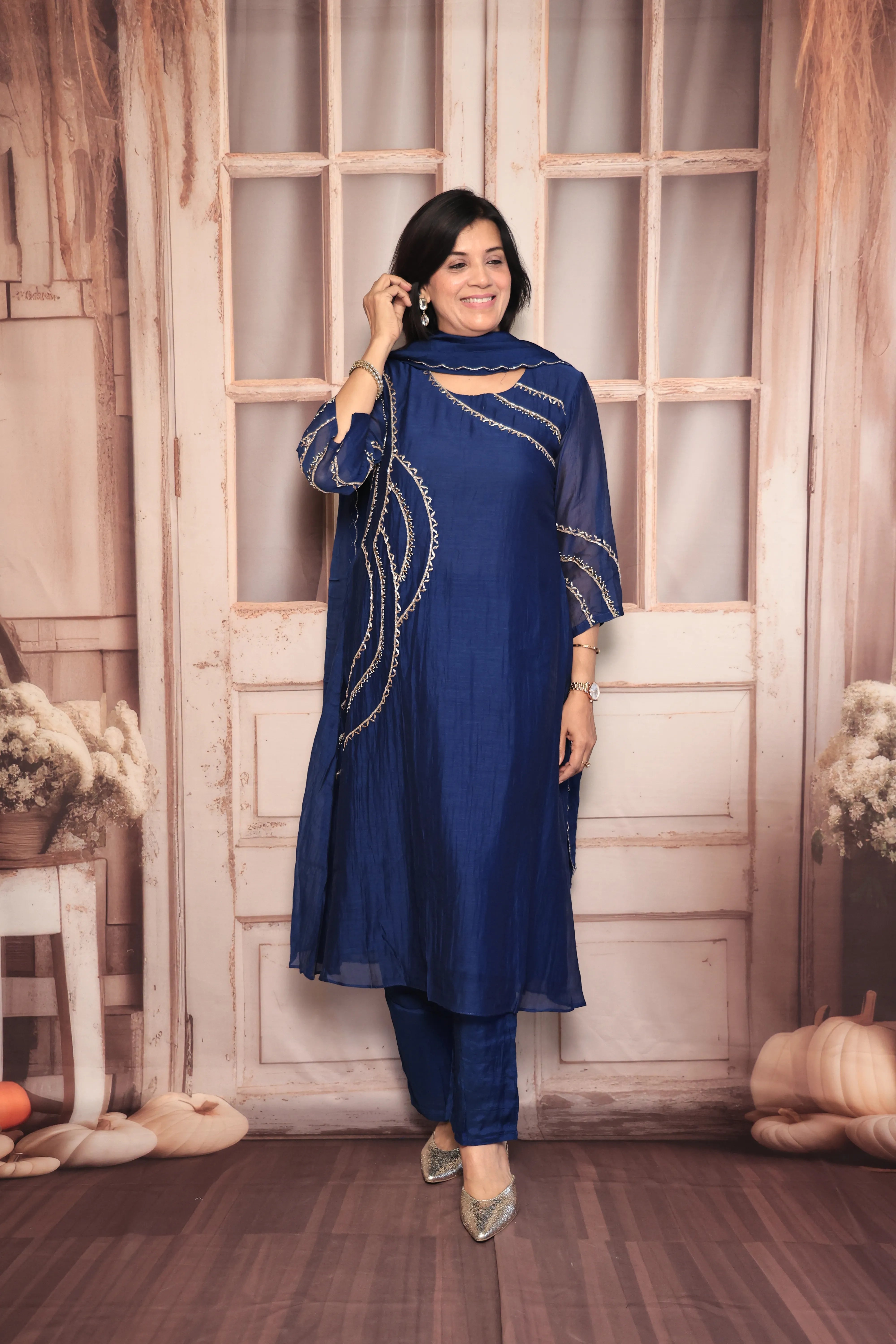 Navy Blue A-Line Embroidered Kurta Pant Dupatta Set | Pearl & Sequin Work | Pure Banarasi Mul Chanderi