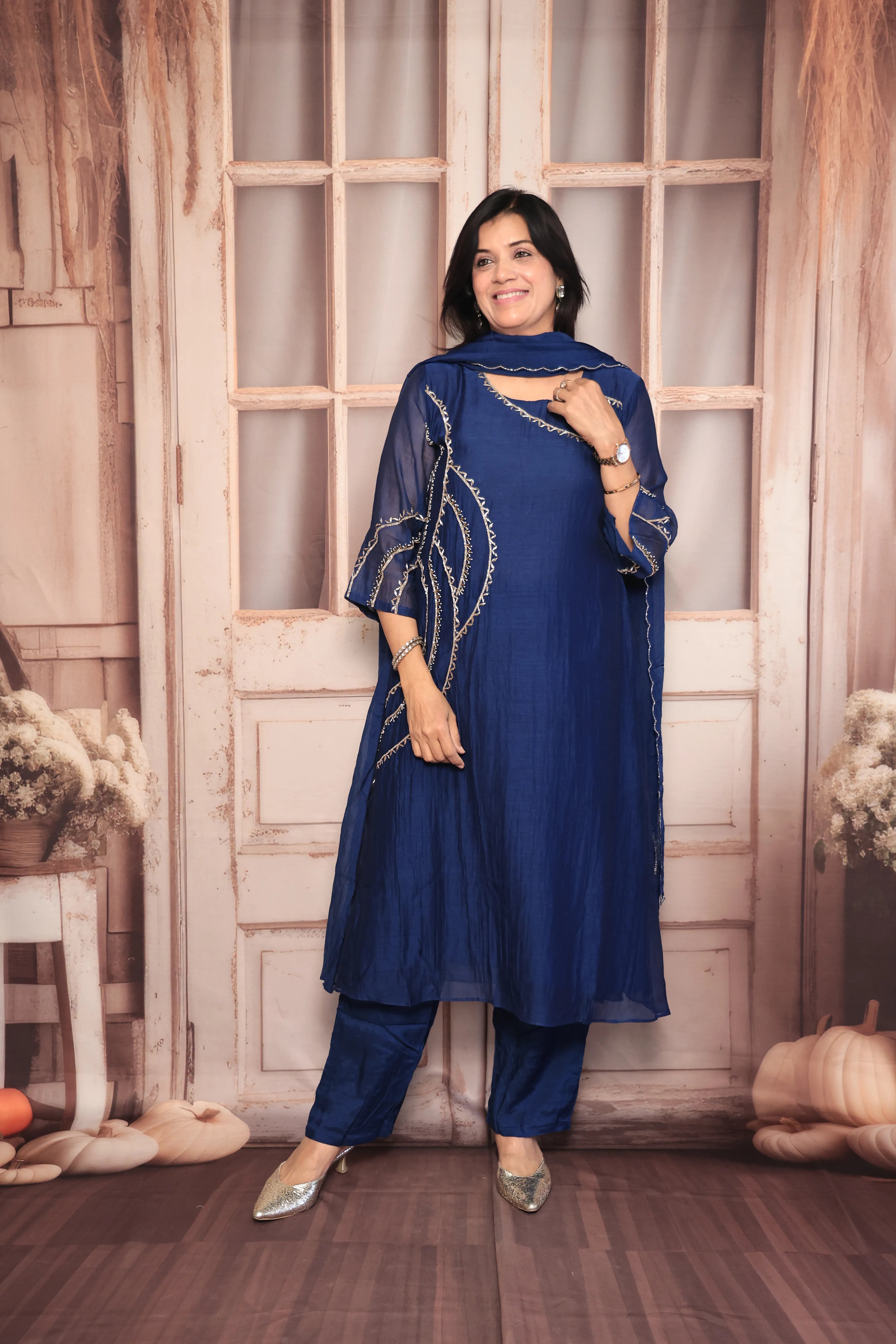 Navy Blue A-Line Embroidered Kurta Pant Dupatta Set | Pearl & Sequin Work | Pure Banarasi Mul Chanderi