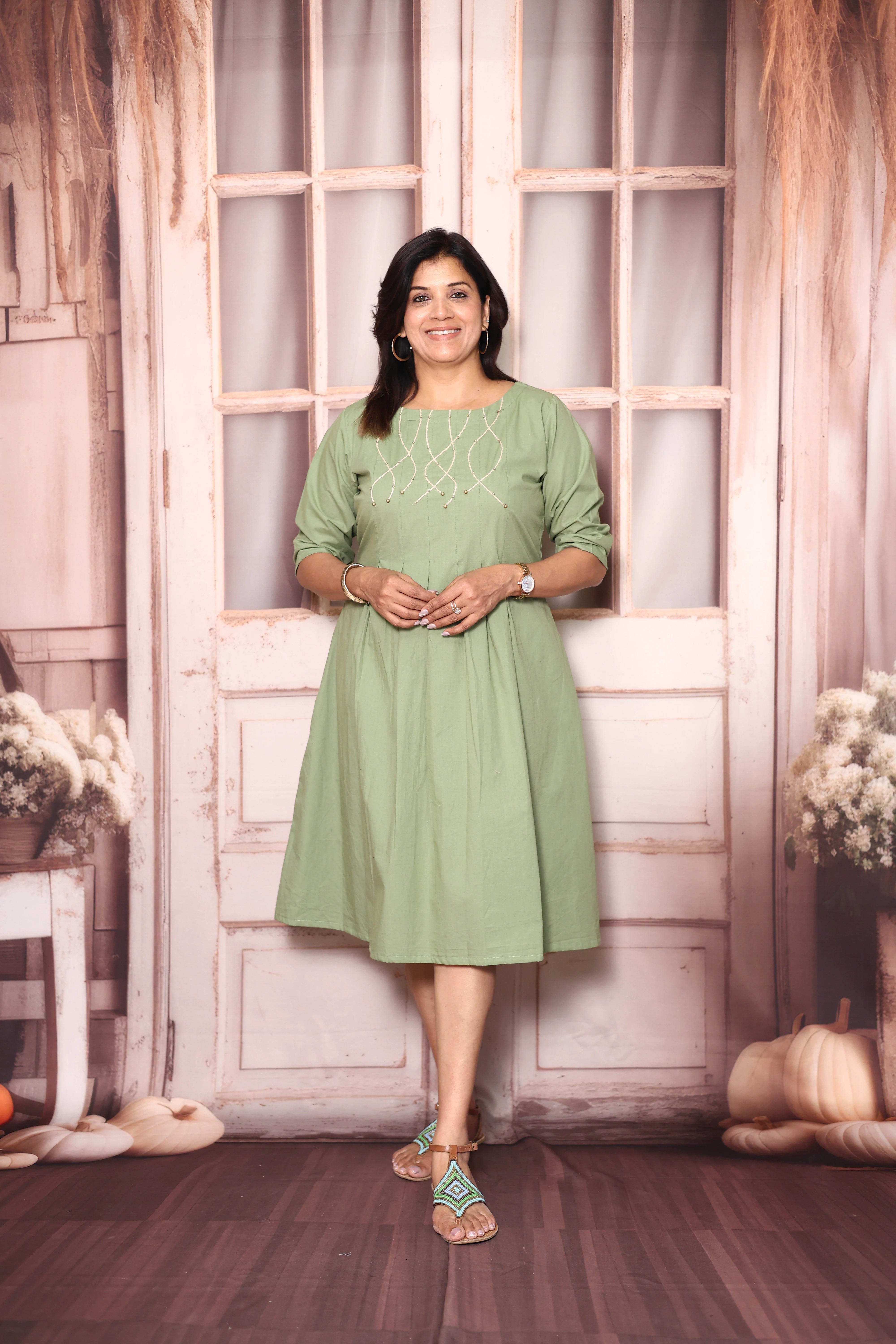 Basil Green Pearl Thread Work One Piece Dress Soft Cotton Casual Wear – Jyoties Collection