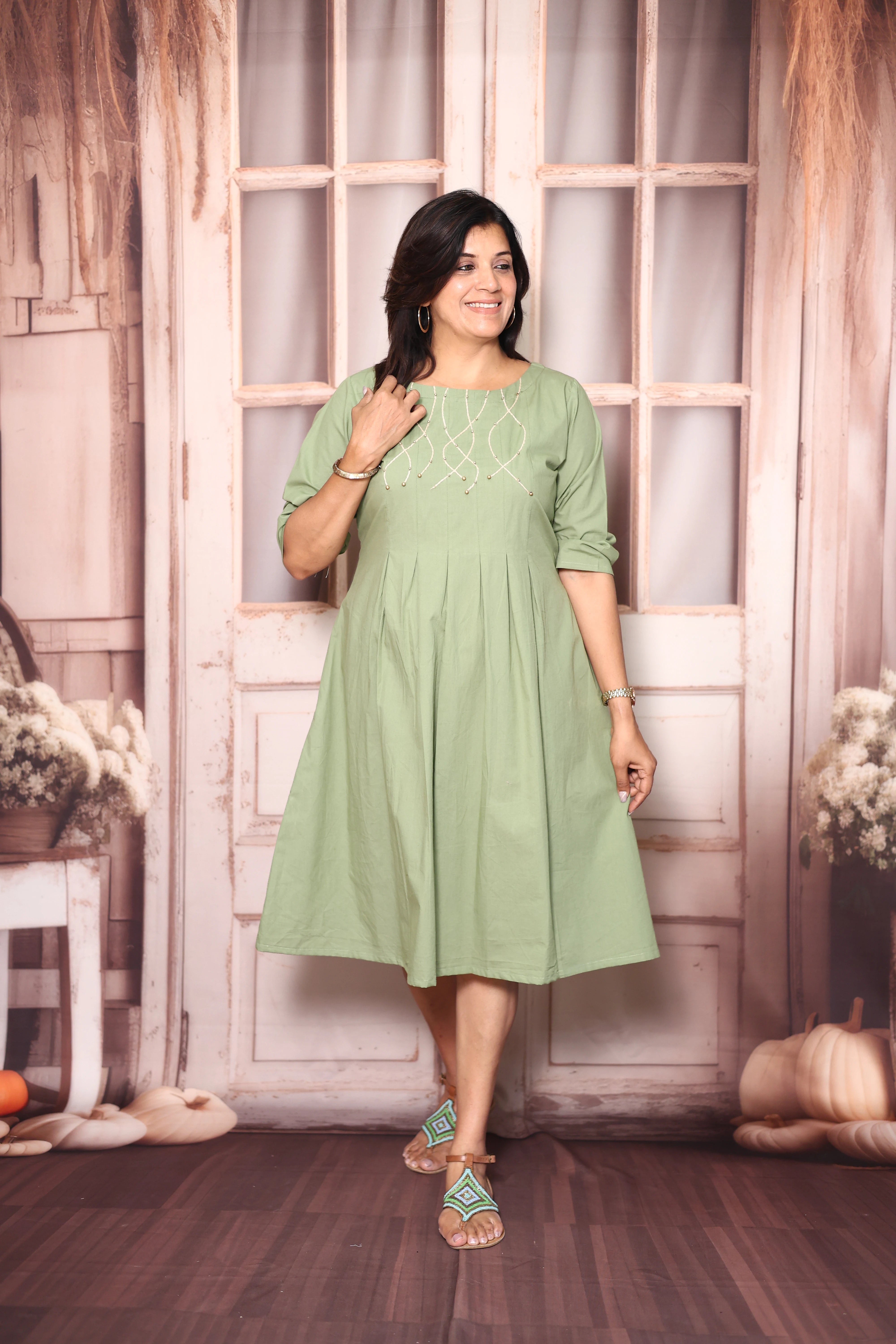 Basil Green Pearl Thread Work One Piece Dress | Soft Cotton Elegant Casual Wear