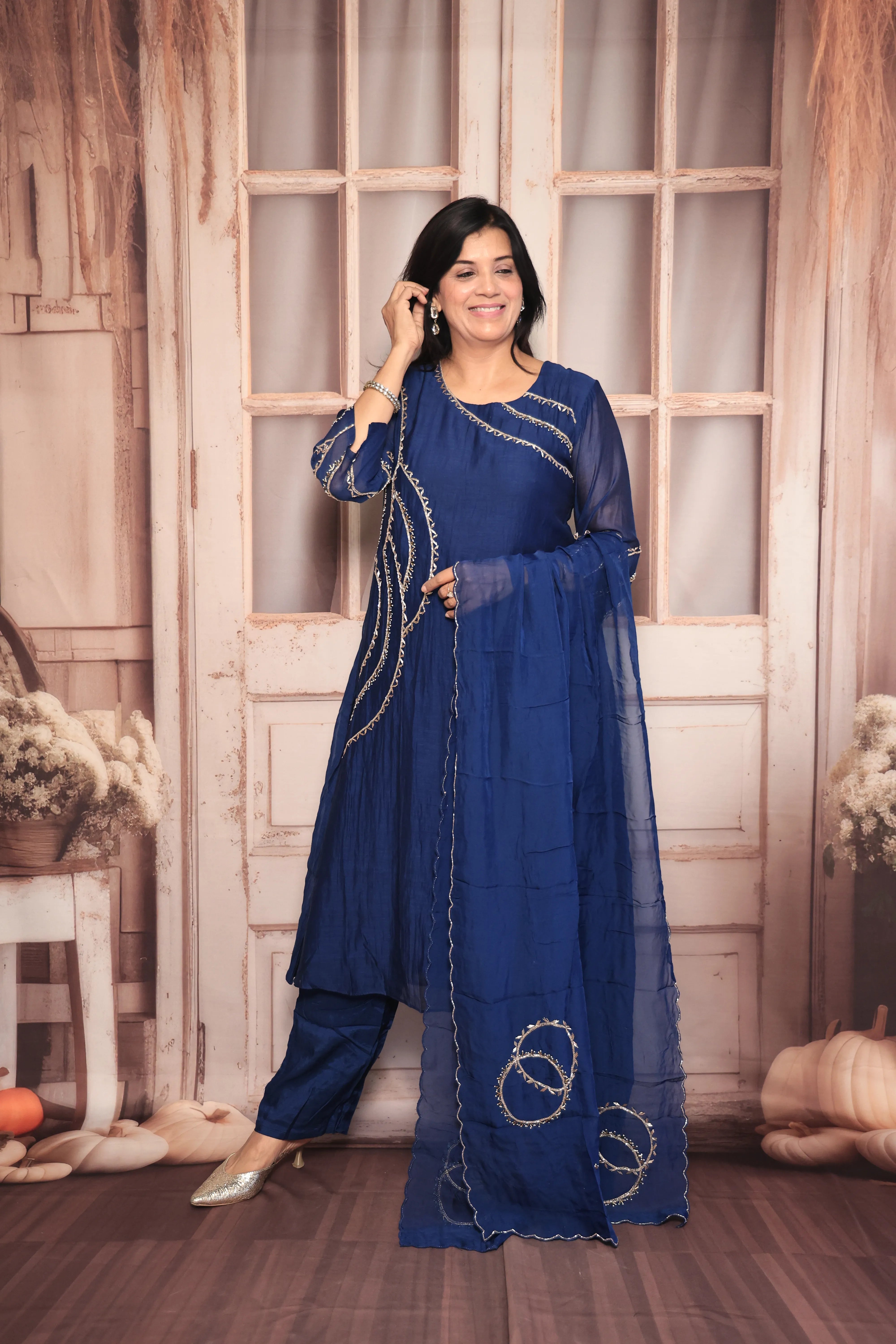 Navy Blue A-Line Embroidered Kurta Pant Dupatta Set | Pearl & Sequin Work | Pure Banarasi Mul Chanderi