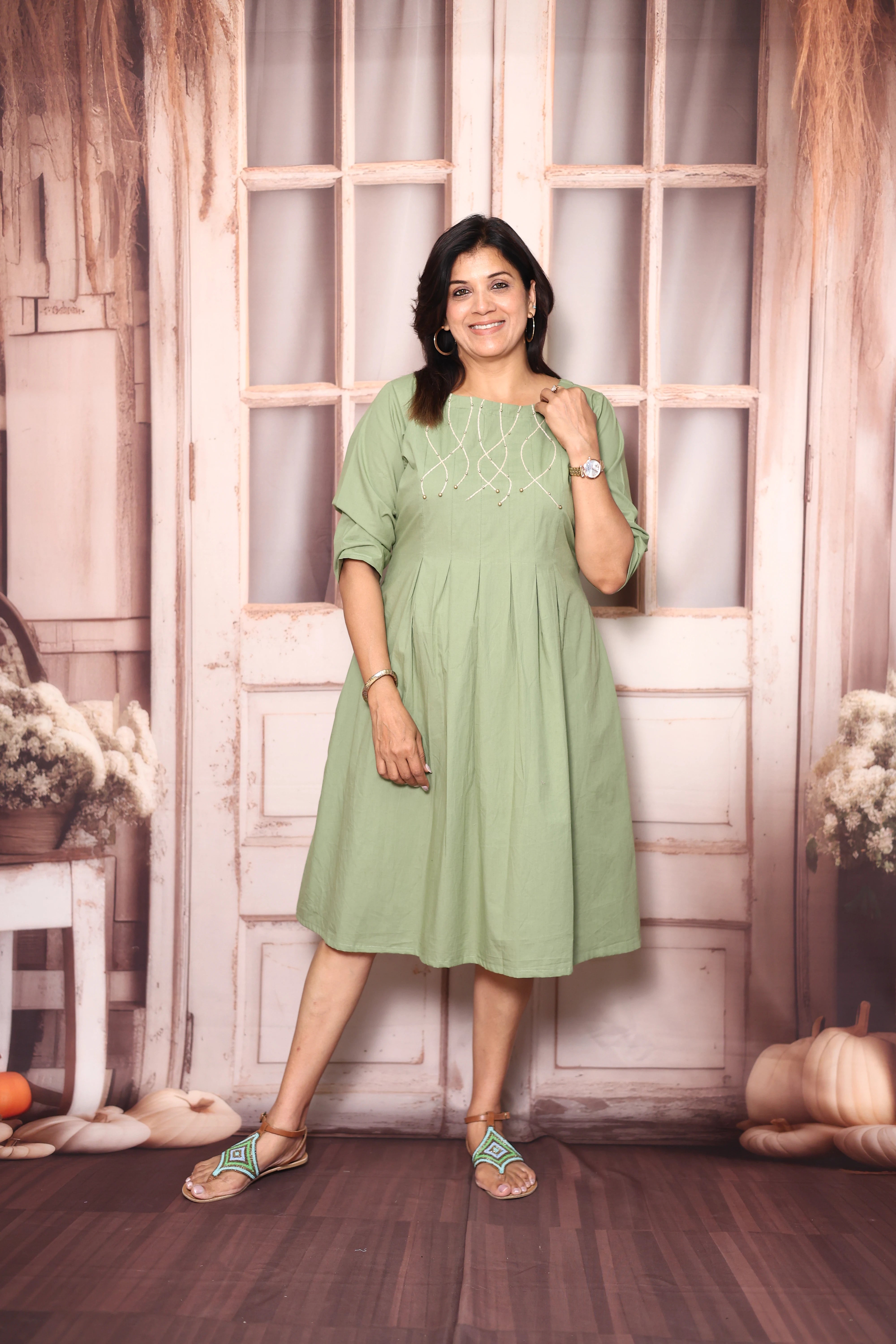 Basil Green Pearl Thread Work One Piece Dress | Soft Cotton Elegant Casual Wear